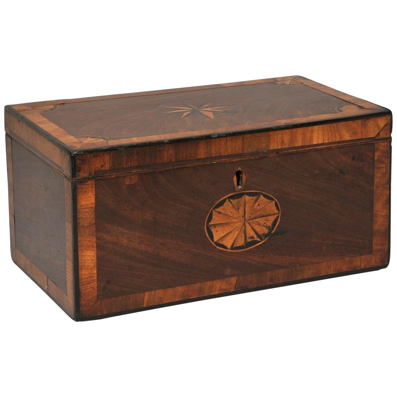 Mahogany 3 Portioned Satinwood Inlaid Tea Caddy, circa 1850 For Sale