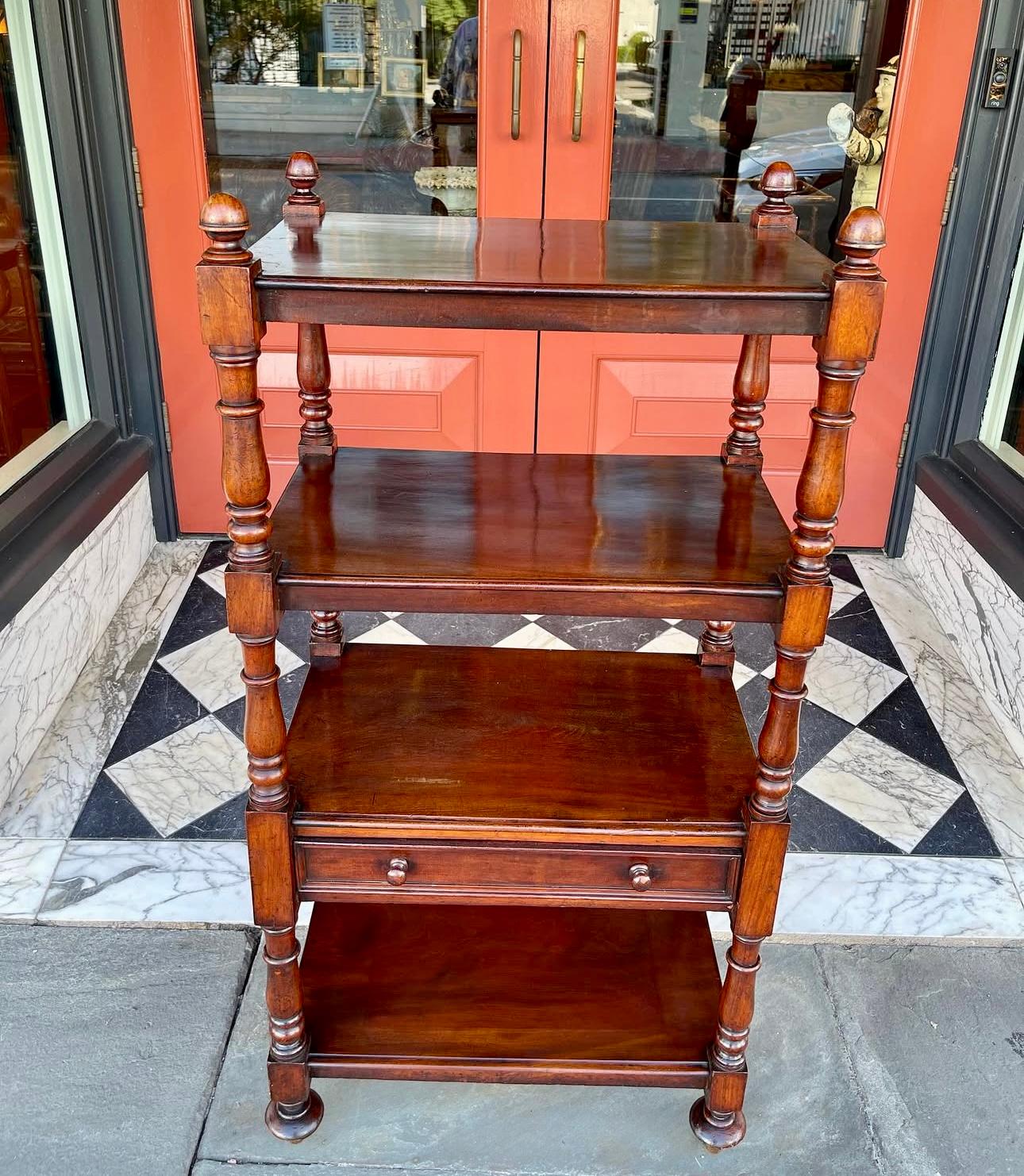 English mahogany 4 shelf etagere with drawer. 