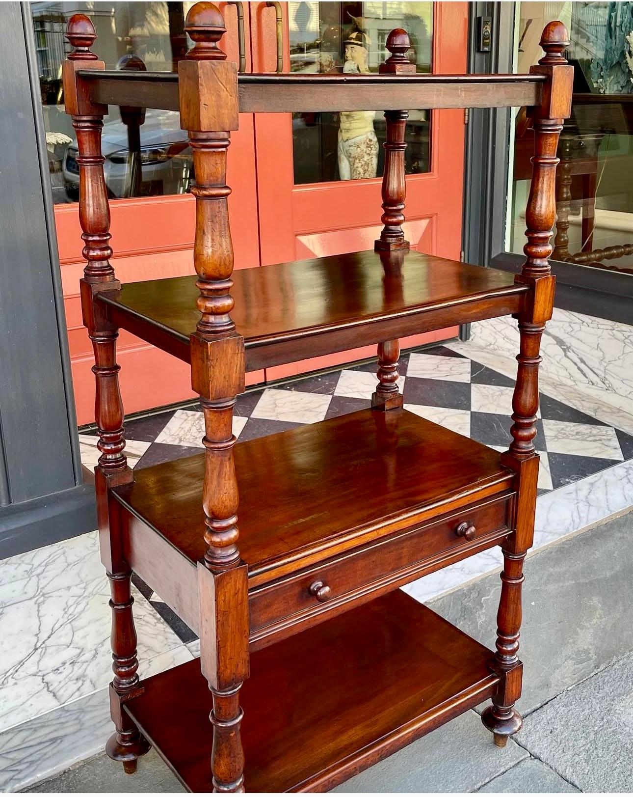 English Mahogany 4 tier etagere with single drawer c1840 For Sale