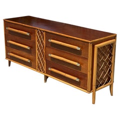 Mahogany and Bamboo Chest of Drawers Decorated with Rattan Latticework, 1950