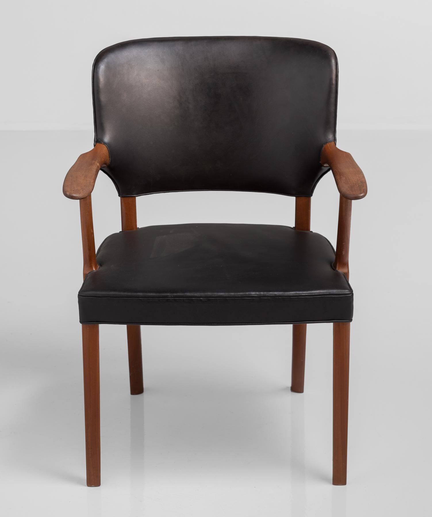 Mid-Century Modern Mahogany and Black Leather Armchair by Ole Wanscher, Denmark, circa 1940