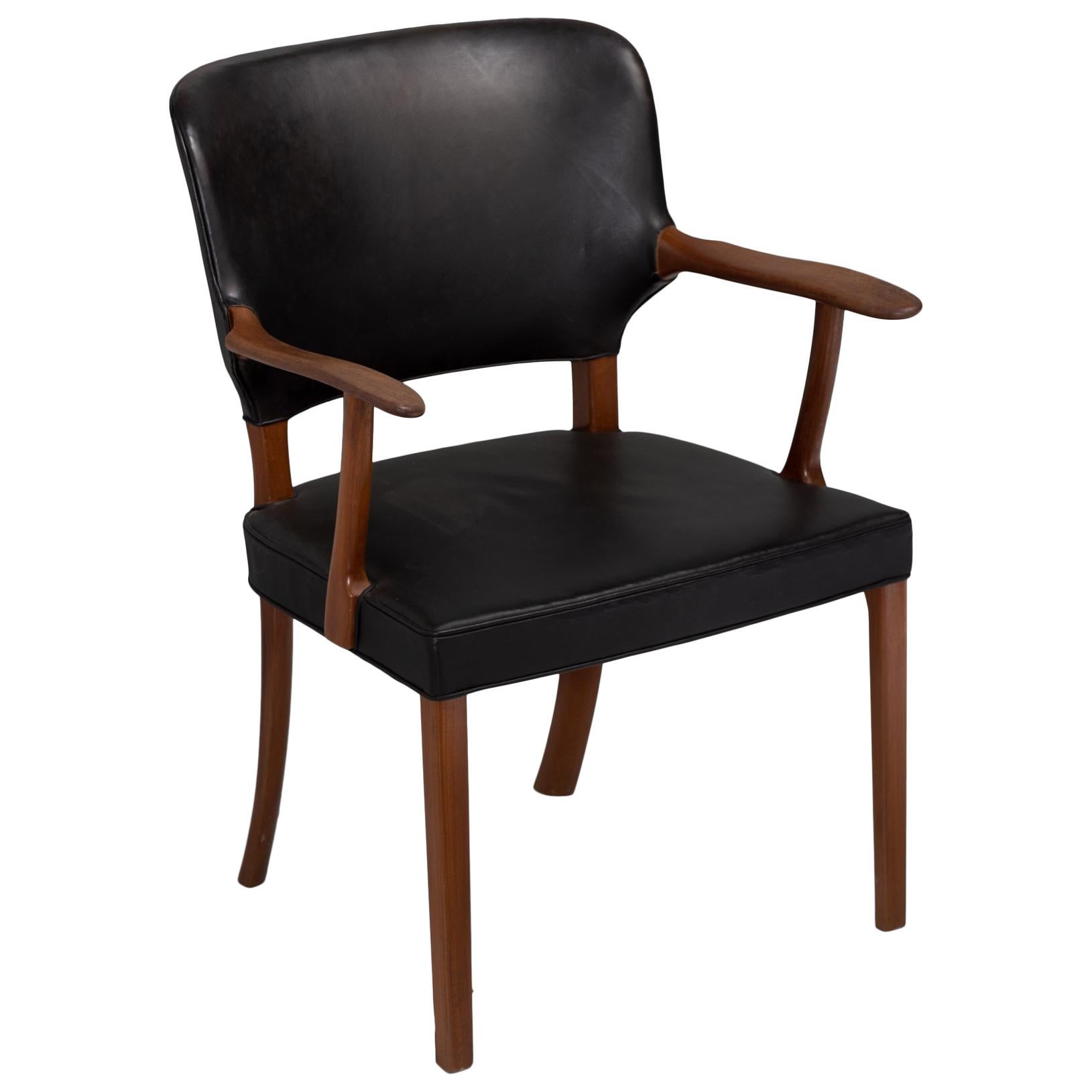 Mahogany and Black Leather Armchair by Ole Wanscher, Denmark, circa 1940