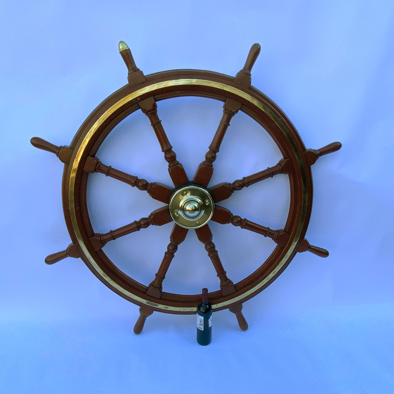 English Mahogany And Brass Antique Ship's Wheel For Sale