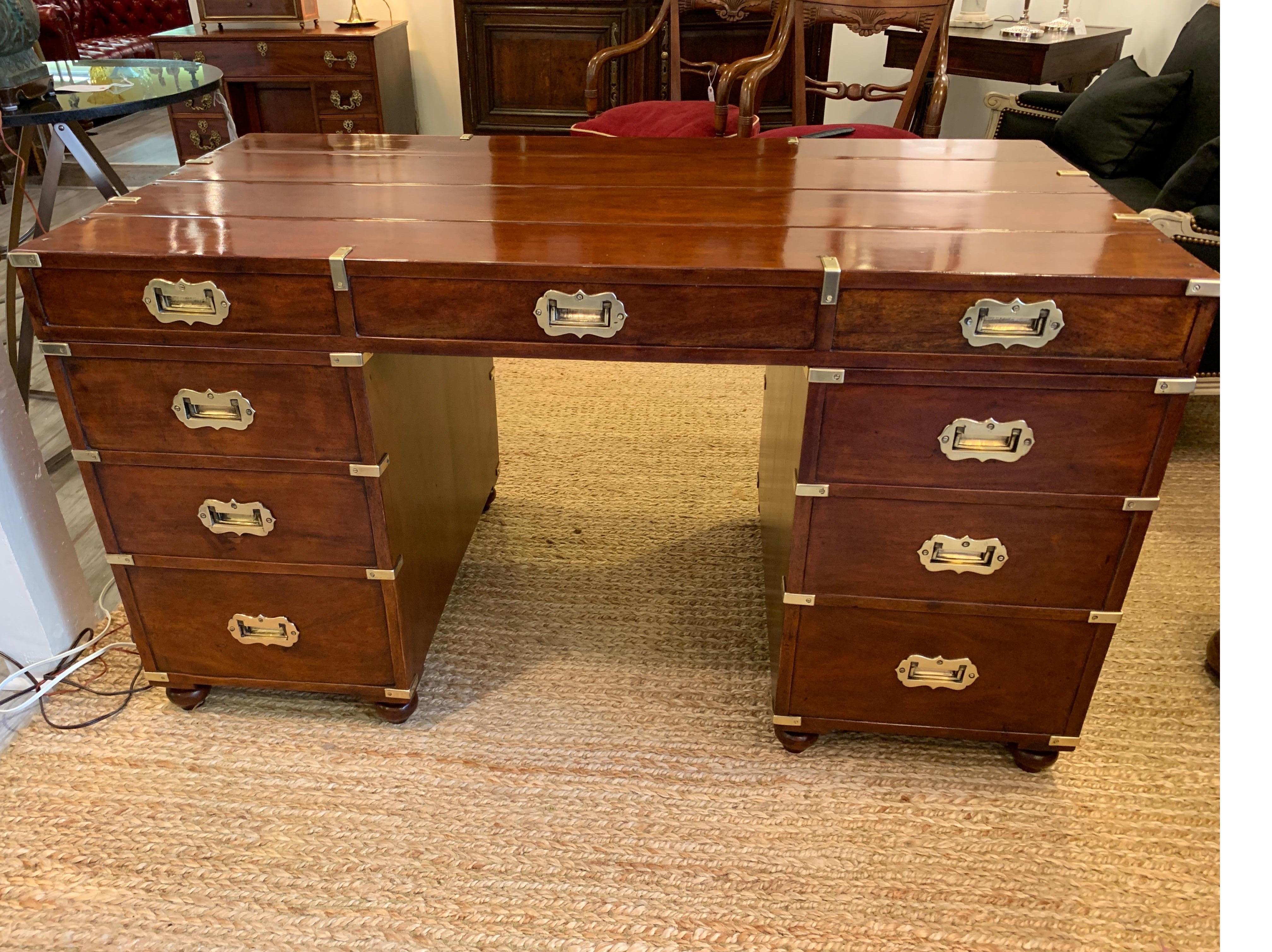 Mahogany and Brass Campaign Style Partners Desk 5