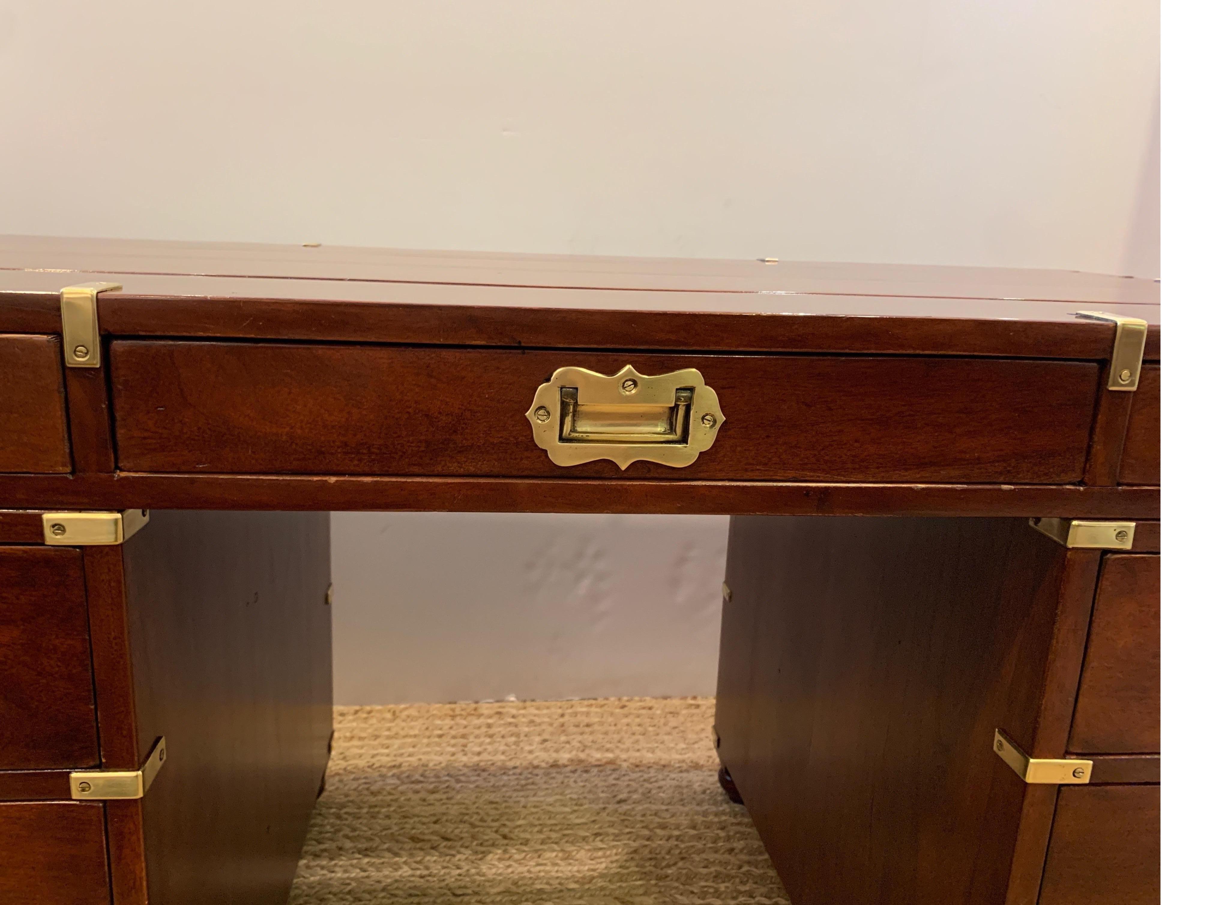 Mahogany and Brass Campaign Style Partners Desk In Excellent Condition In Lambertville, NJ