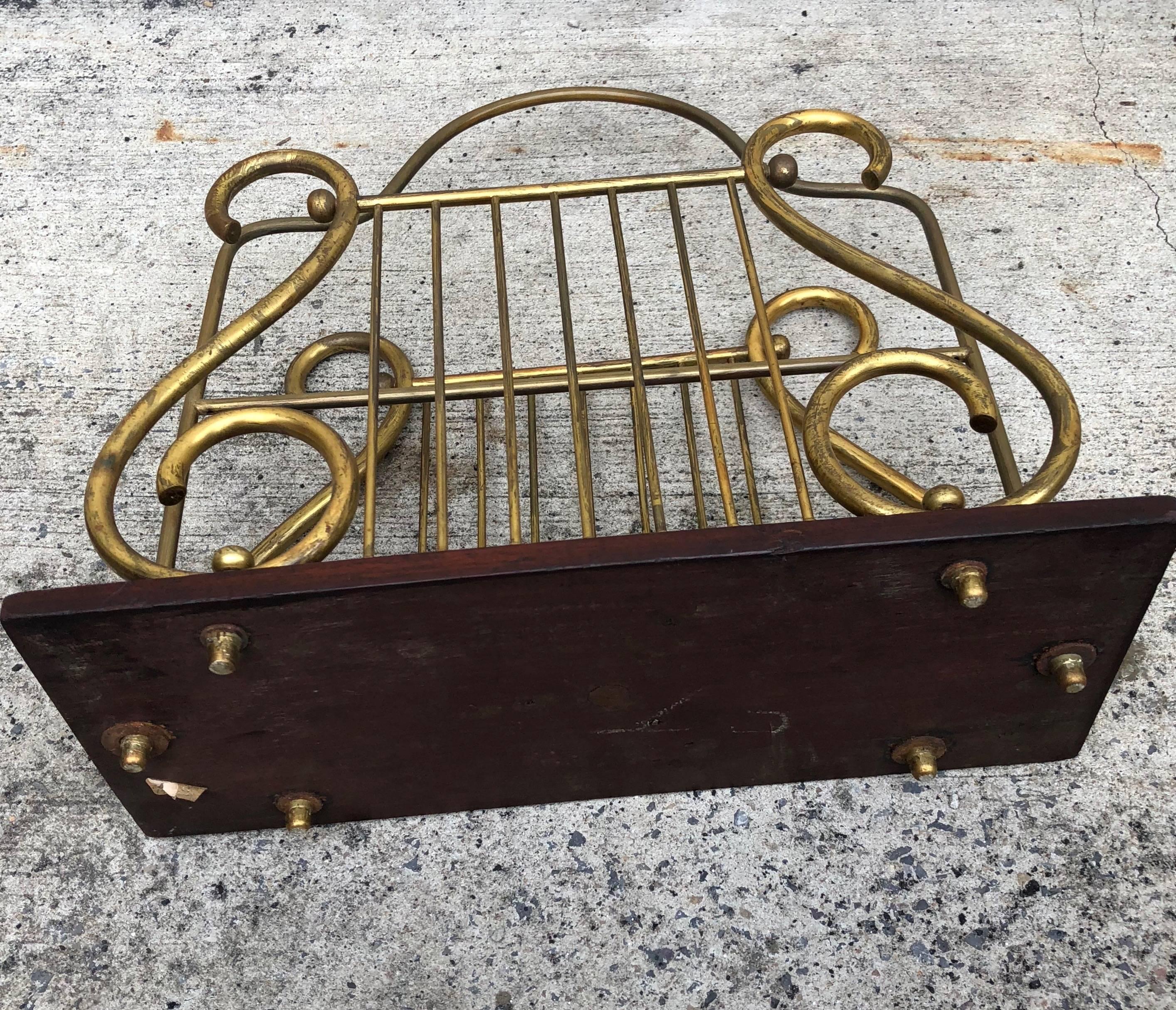 Mahogany and Brass Harp Shaped Magazine Rack 4