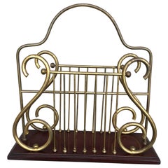 Mahogany and Brass Harp Shaped Magazine Rack
