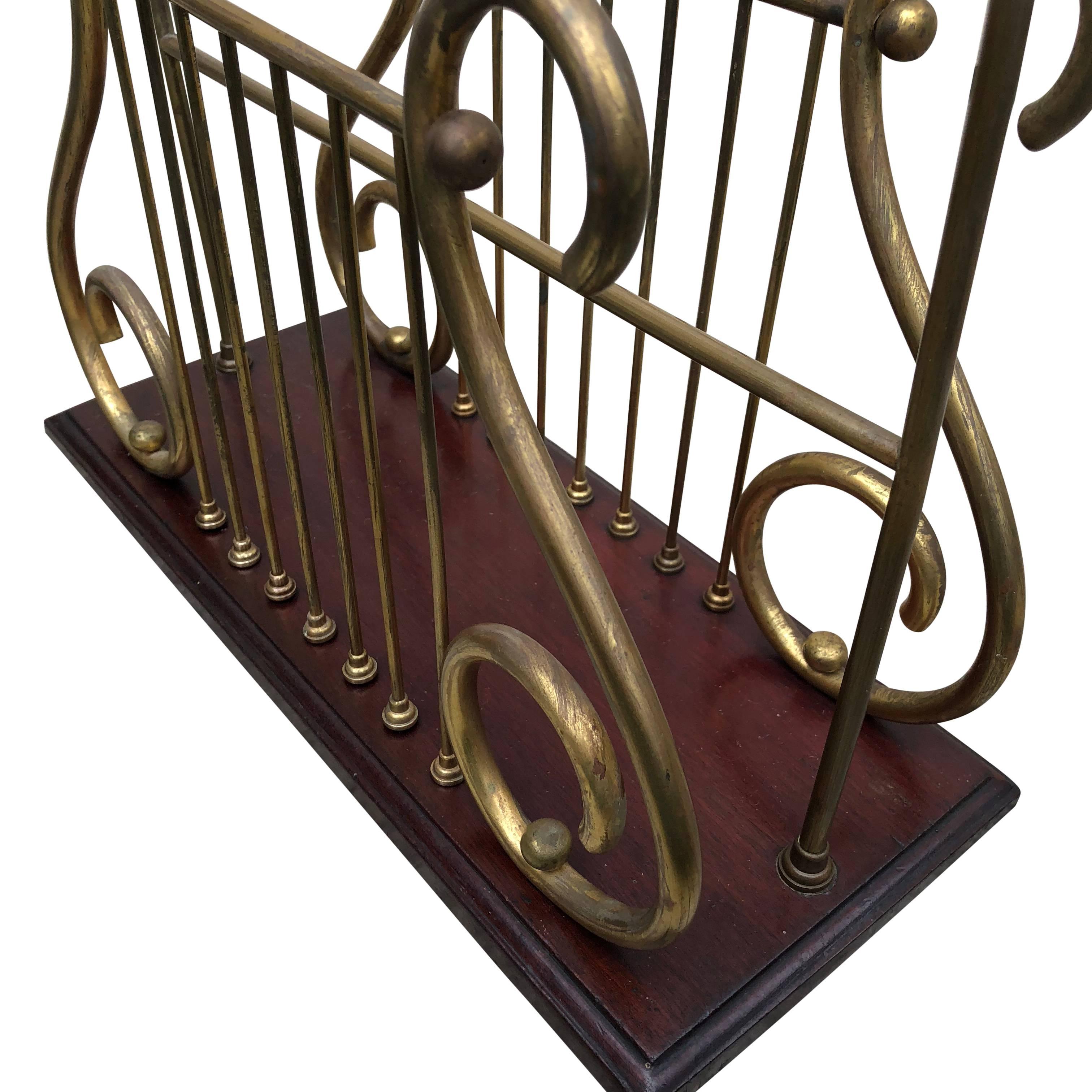 French Mahogany and Brass Harp Shaped Magazine Rack