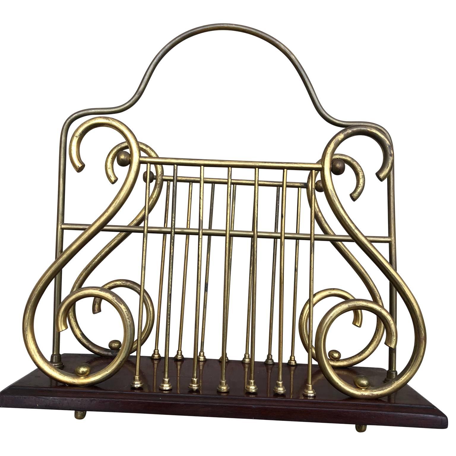 20th Century Mahogany and Brass Harp Shaped Magazine Rack