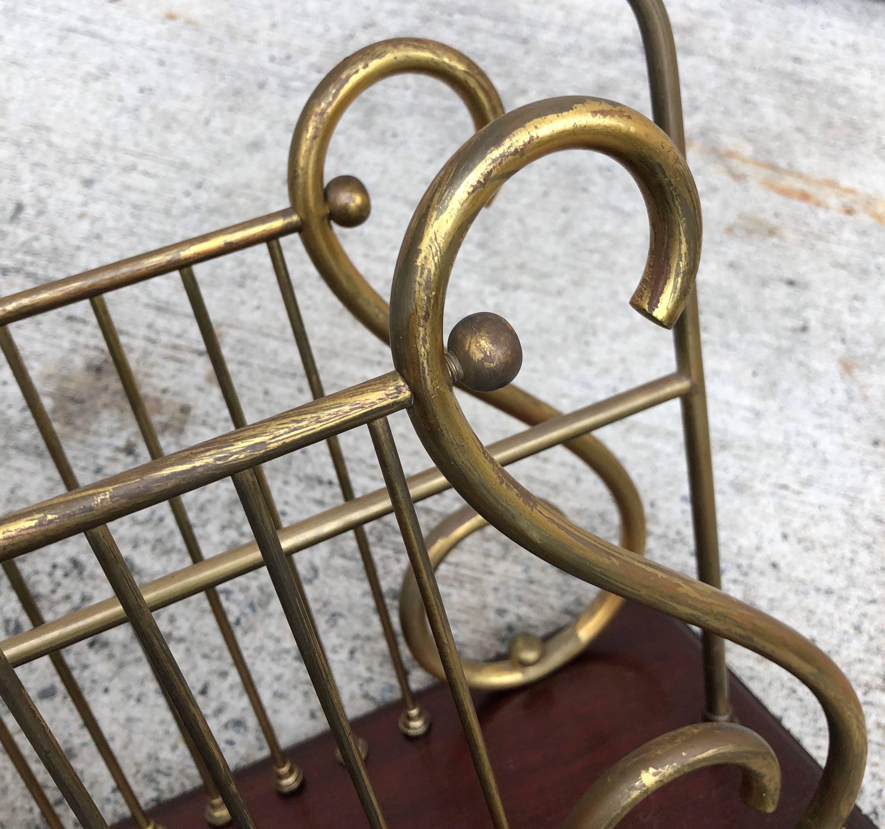 Mahogany and Brass Harp Shaped Magazine Rack 2