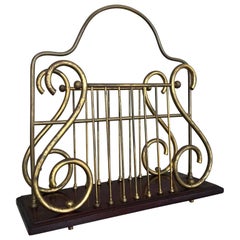 Mahogany and Brass Harp Shaped Magazine Rack