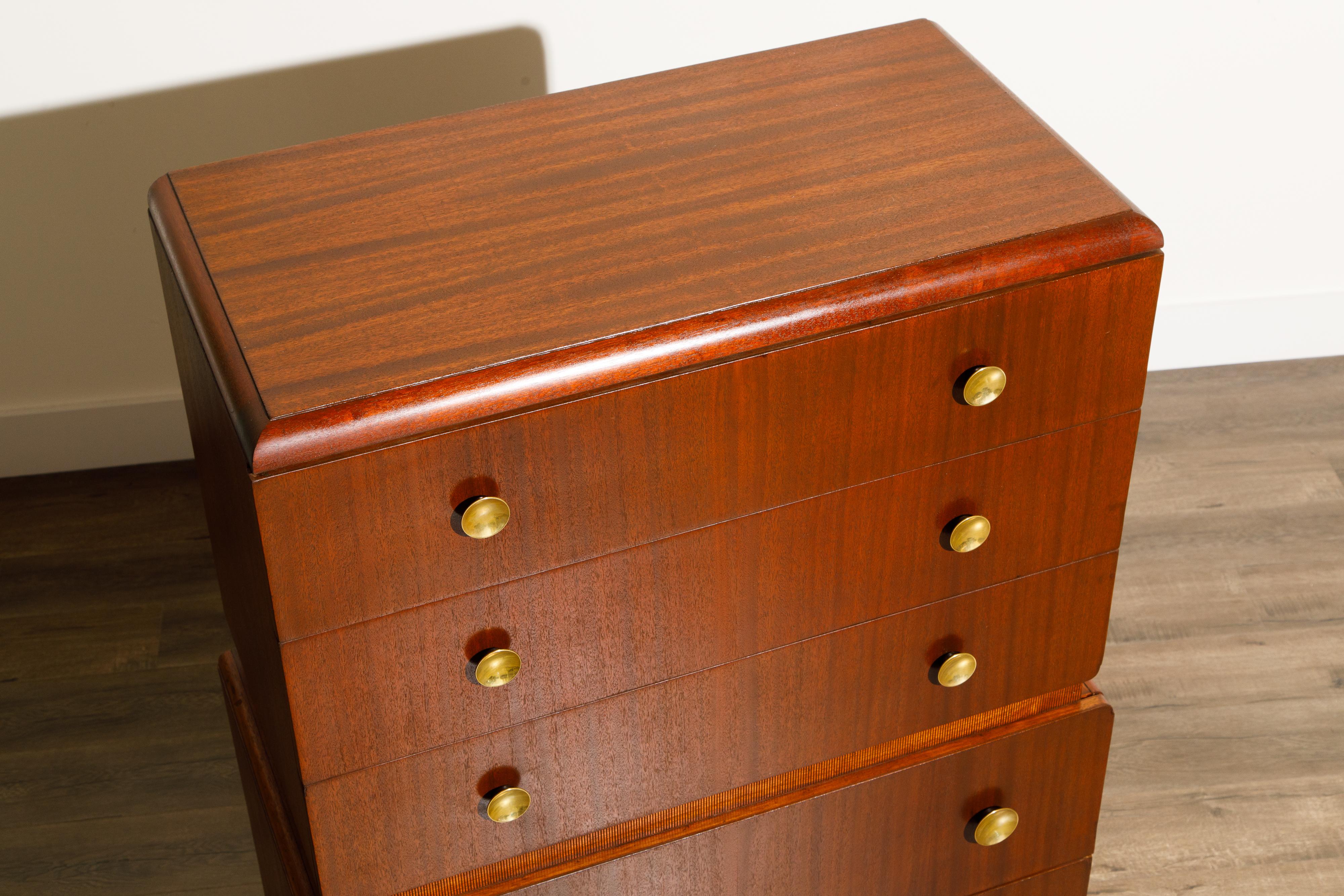 Mahogany and Brass Highboy Dresser by John Stuart Inc. New York, c 1940s, Signed 8