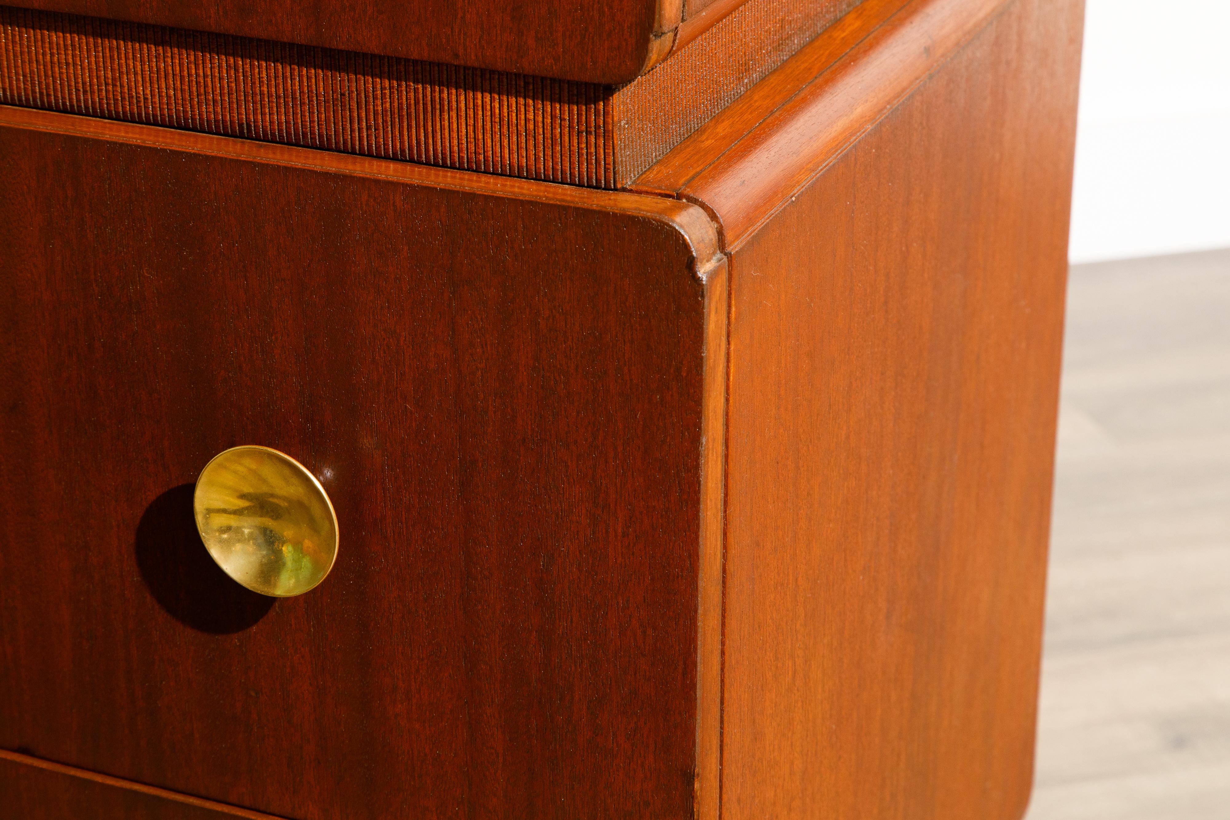 Mahogany and Brass Highboy Dresser by John Stuart Inc. New York, c 1940s, Signed 10