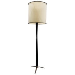 Mahogany and Brass Midcentury 1960s Italian Floor Lamp with Cream Shade