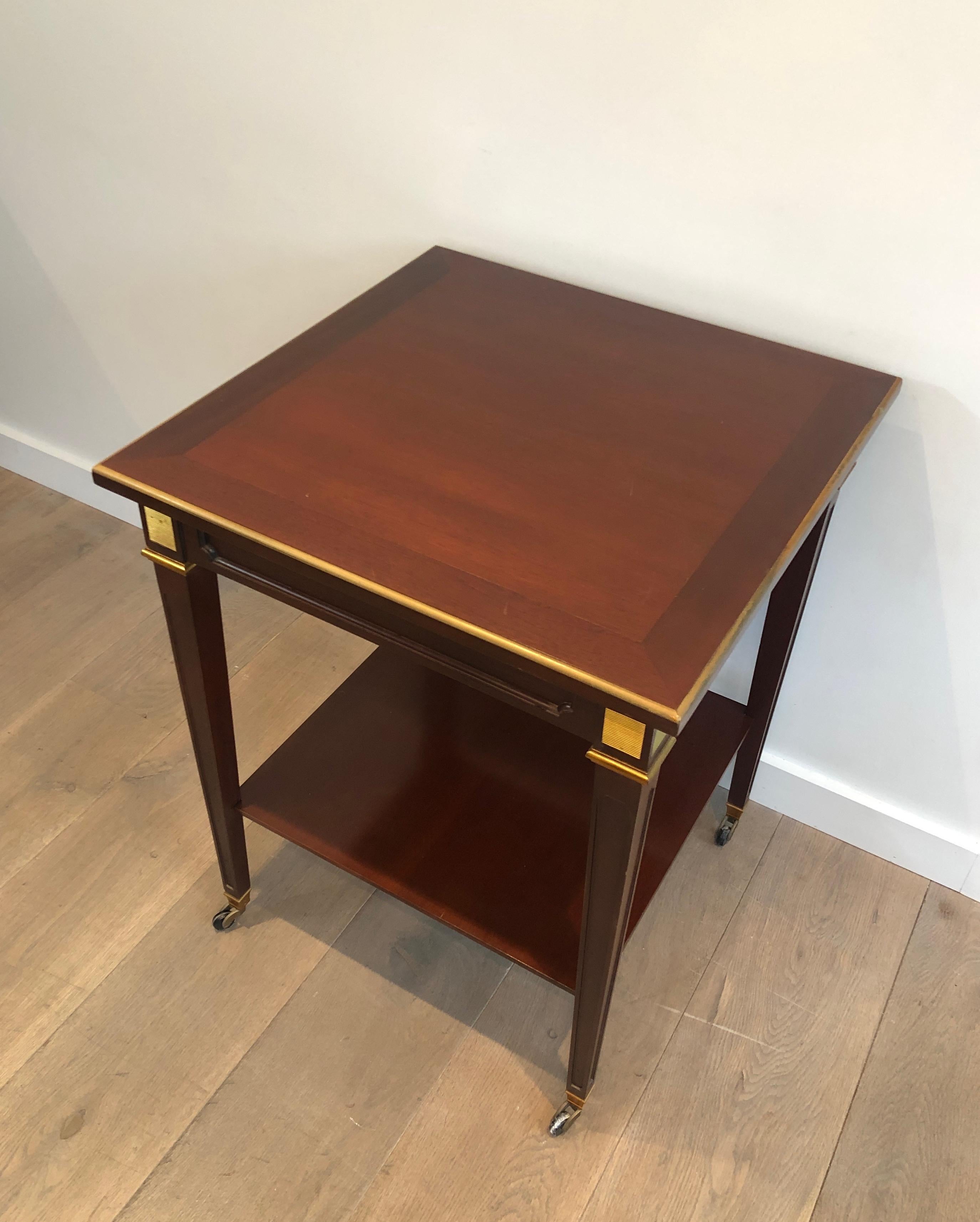 Mahogany and Brass Two Tiers Center Table, This is a French Work by Hugnet Sign For Sale 5