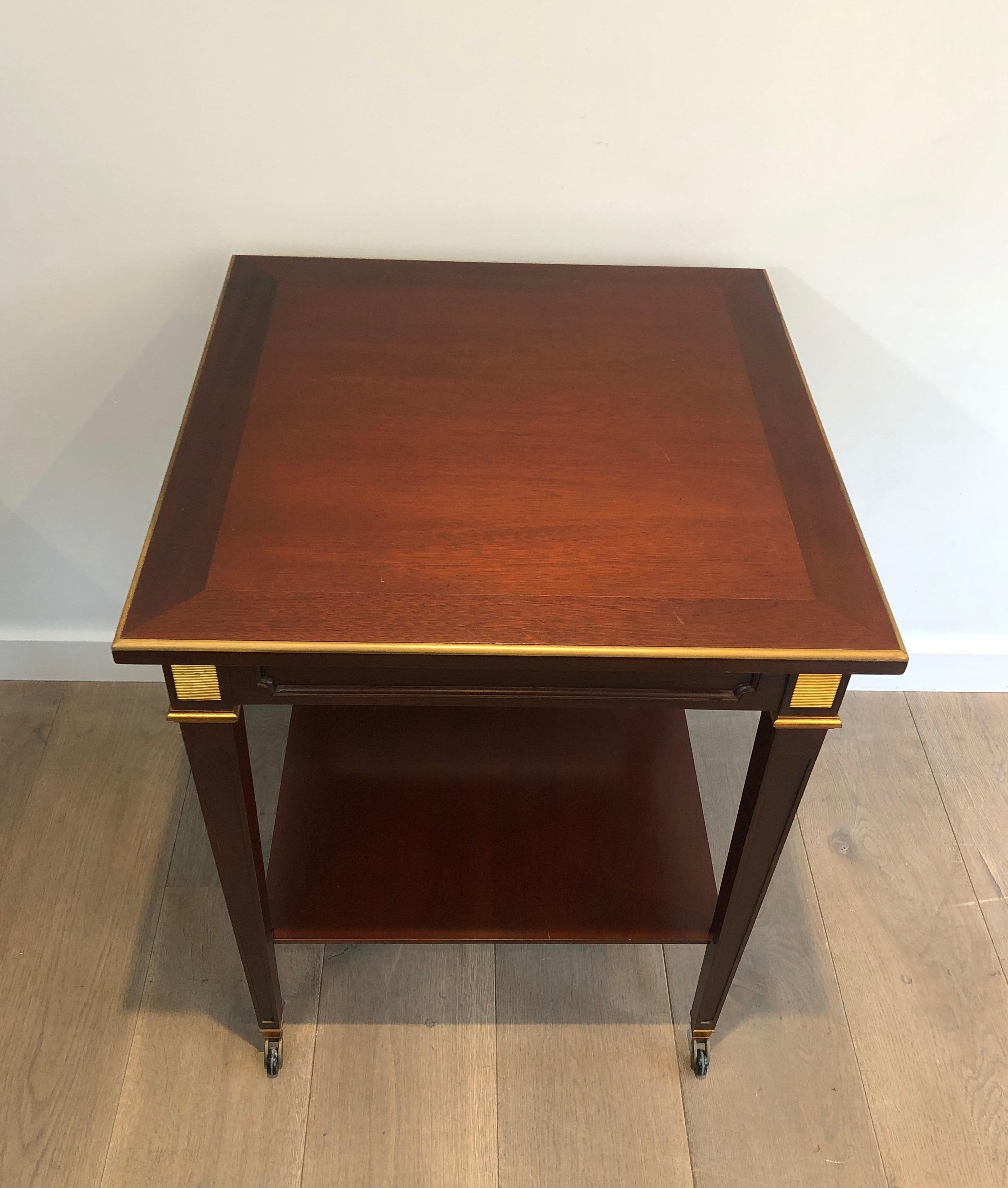 Mahogany and Brass Two Tiers Center Table, This is a French Work by Hugnet Sign In Good Condition For Sale In Marcq-en-Barœul, Hauts-de-France