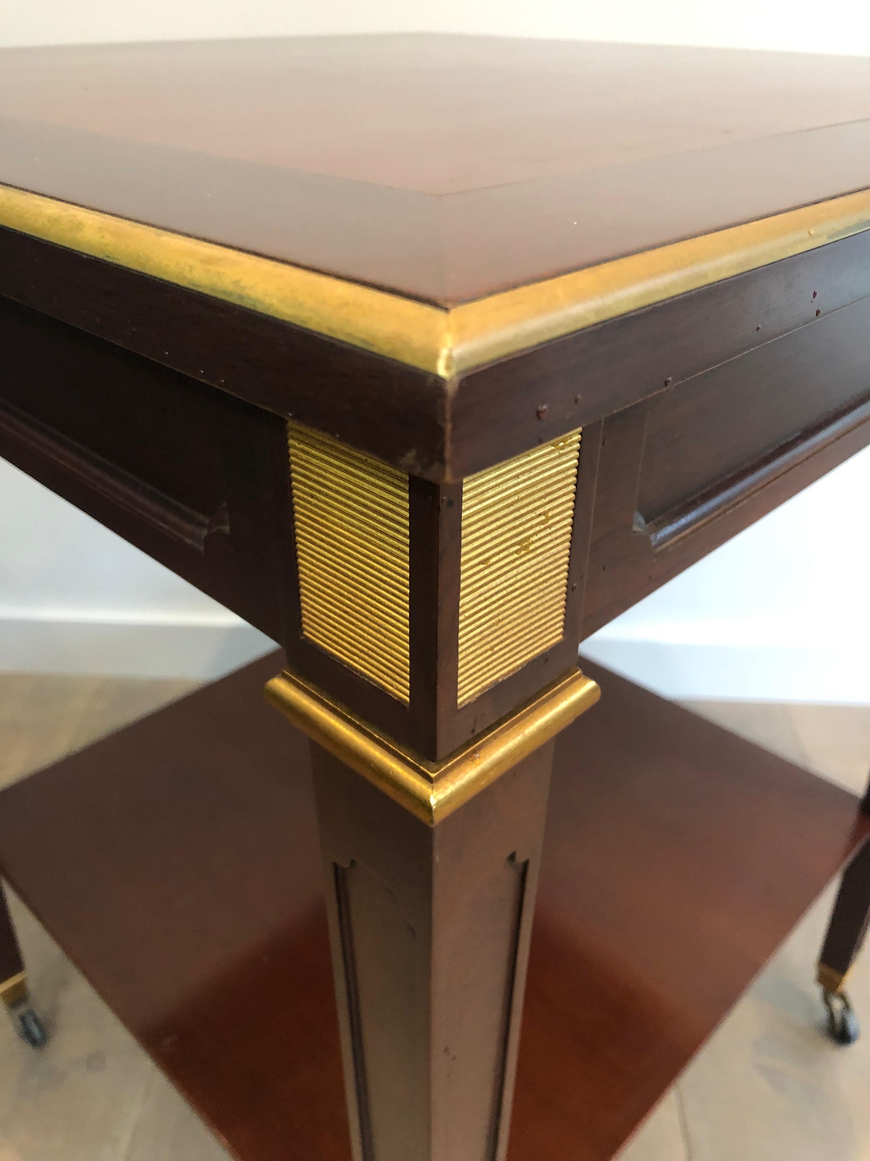 Mahogany and Brass Two Tiers Center Table, This is a French Work by Hugnet Sign For Sale 2