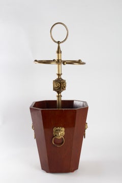 Mahogany and Brass Umbrella Holder, Lion Head Decoration