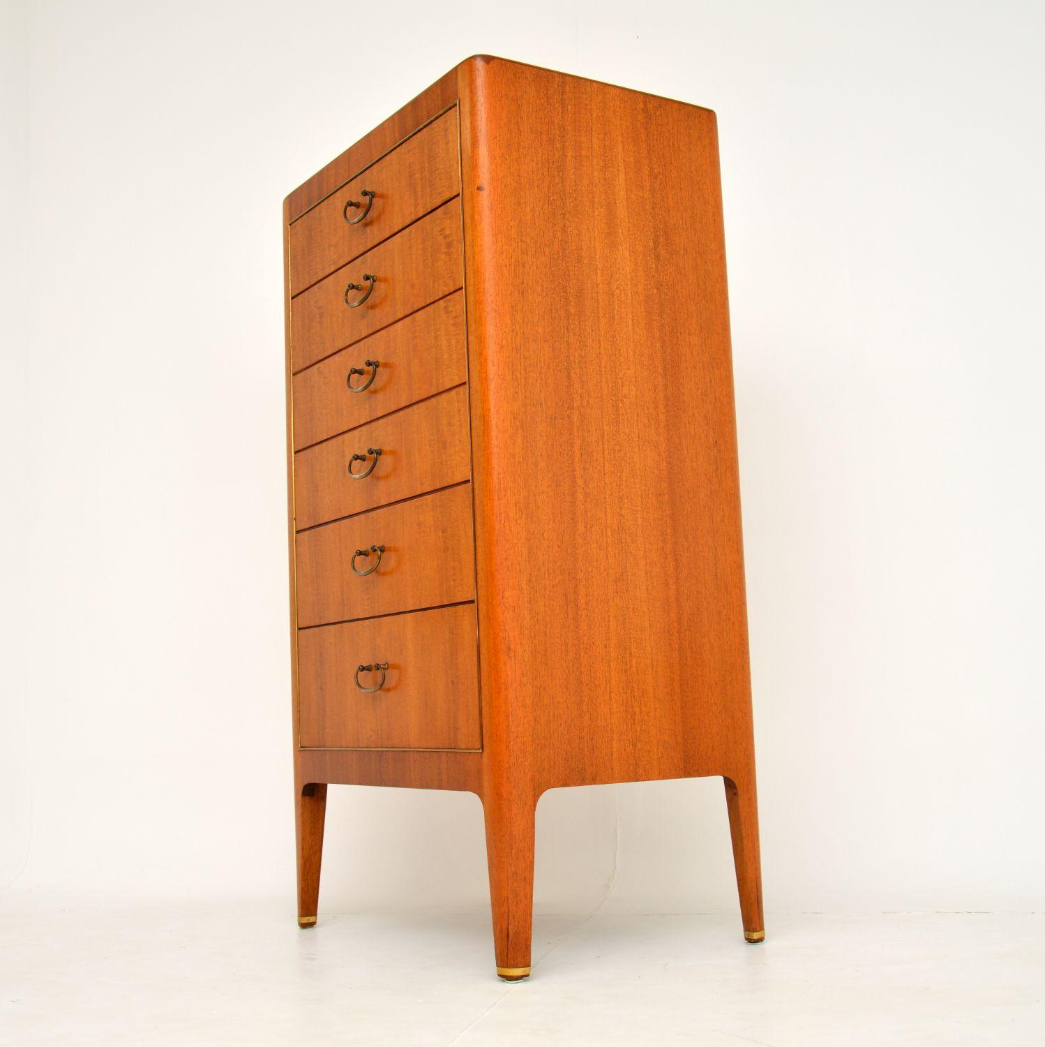 Mid-Century Modern Mahogany and Brass Vintage Tallboy Chest of Drawers