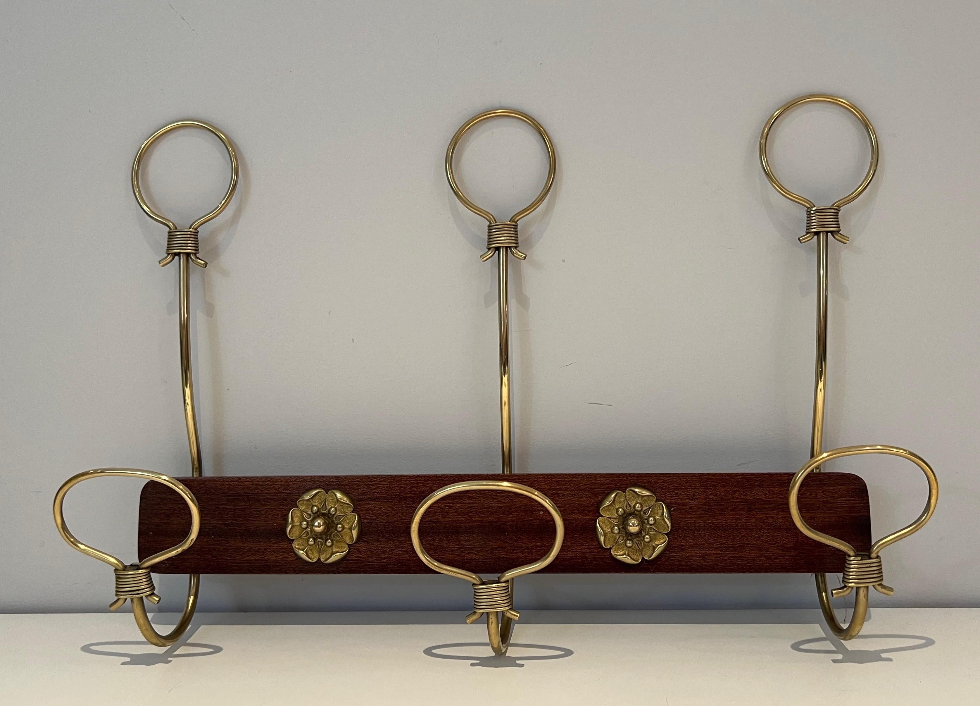 Mahogany and Brass Wall-Mounted Coat Rack For Sale 1