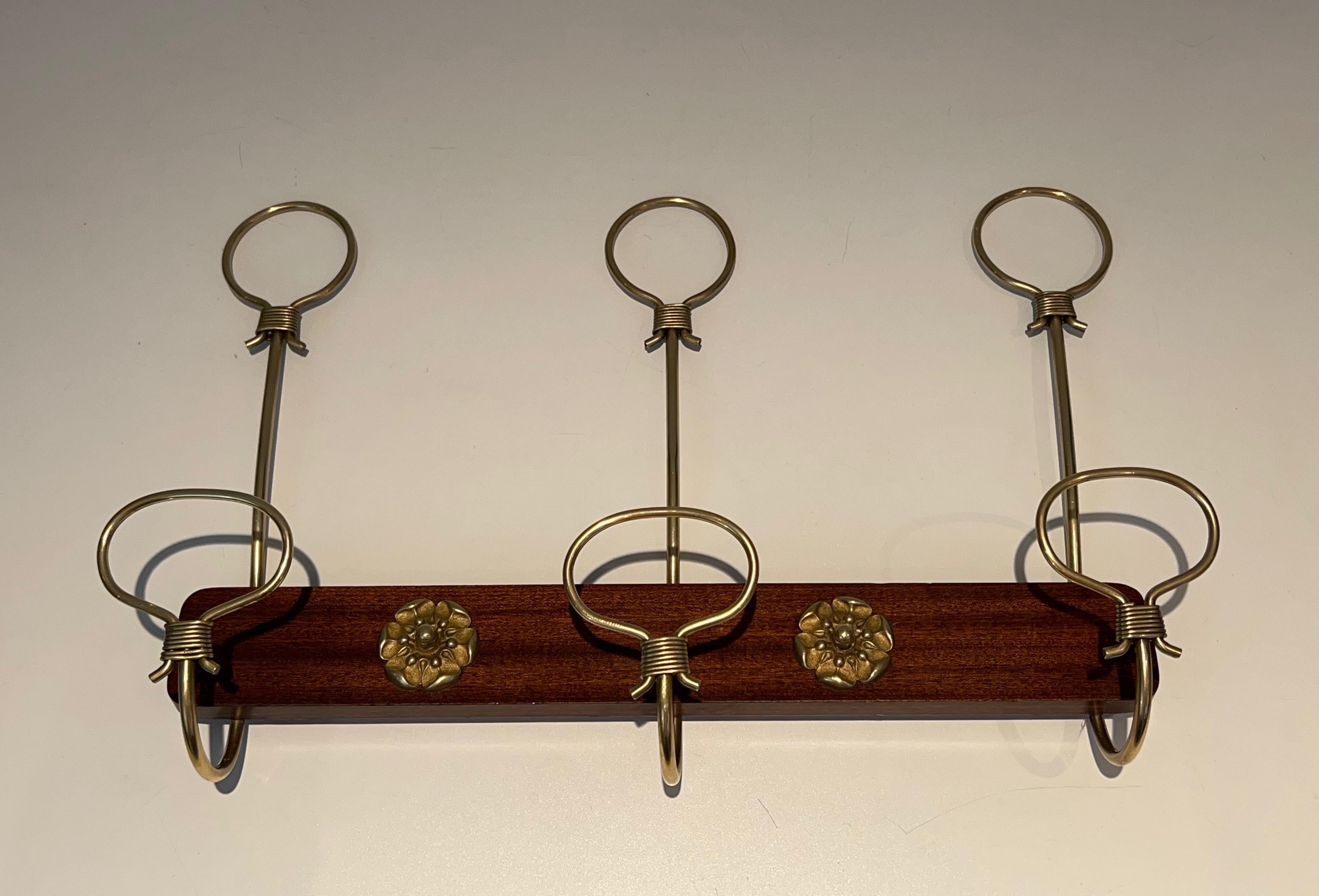 Mahogany and Brass Wall-Mounted Coat Rack For Sale 2