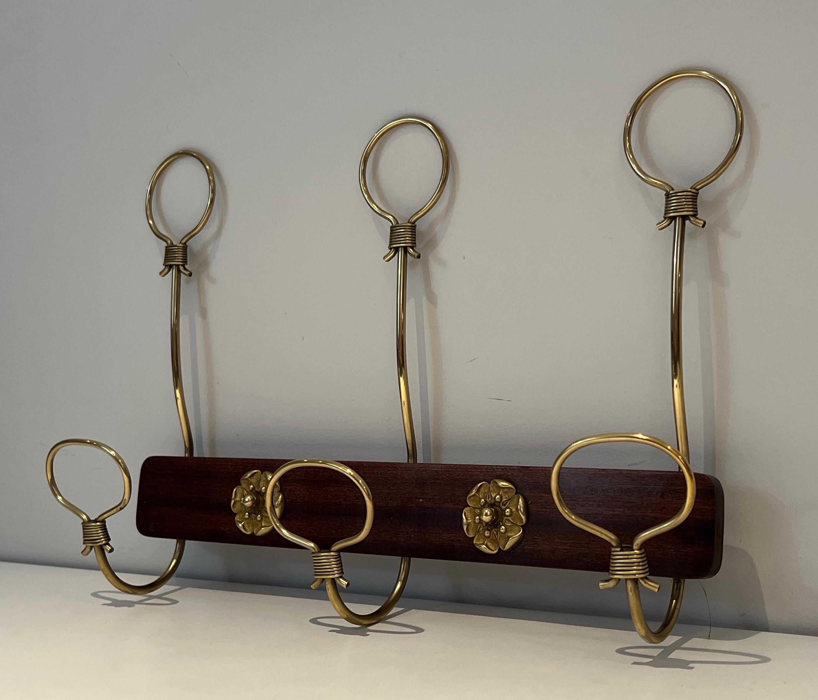 Mahogany and Brass Wall-Mounted Coat Rack For Sale 3