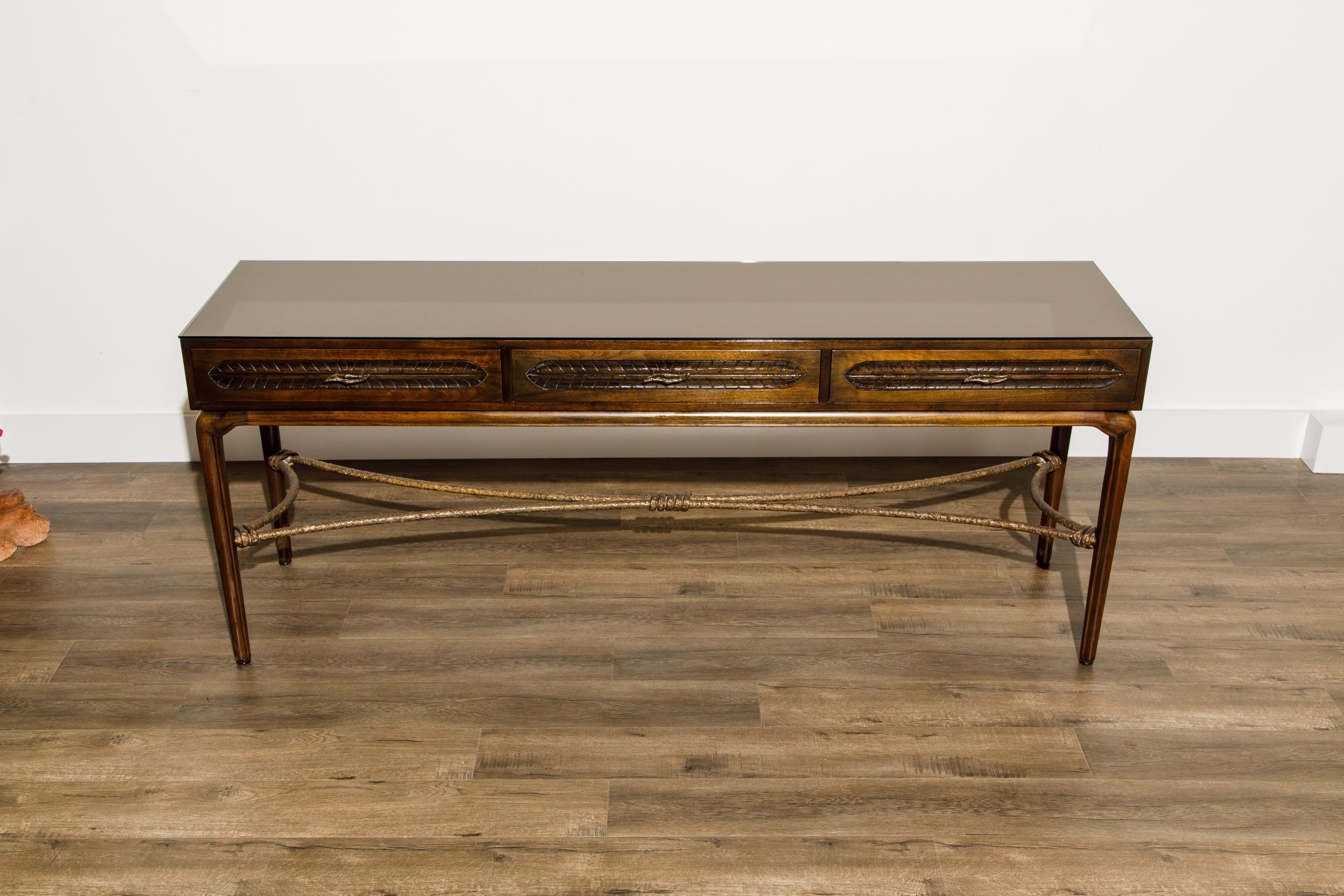 Mid-Century Modern Mahogany and Bronze Console Table by Maurice Bailey for Monteverdi-Young, 1960s
