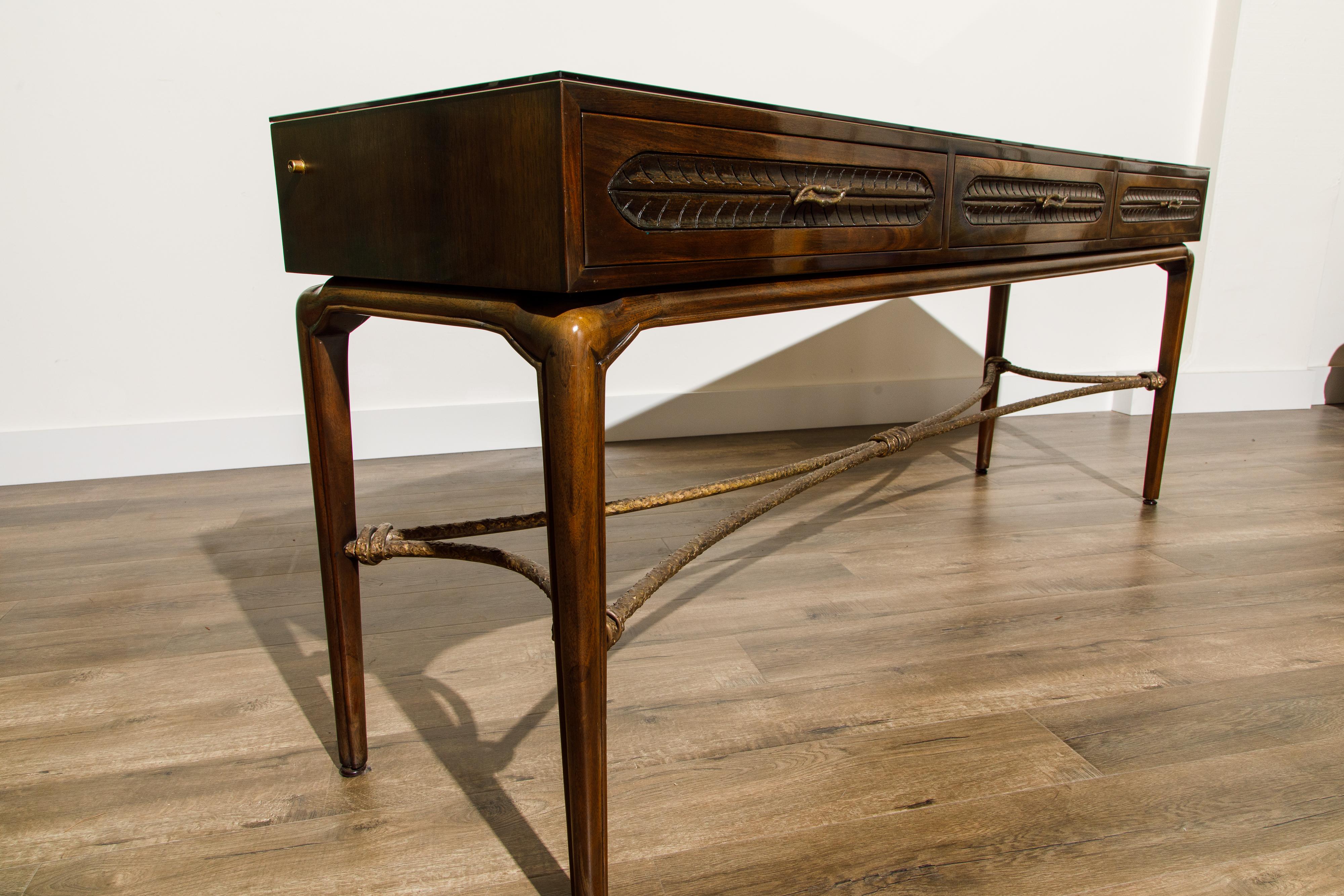 Mid-20th Century Mahogany and Bronze Console Table by Maurice Bailey for Monteverdi-Young, 1960s