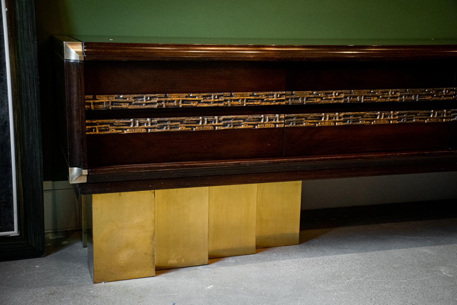 Brutalist Mahogany and Bronze Sideboard by Luciano Frigerio, Italy, 1970s