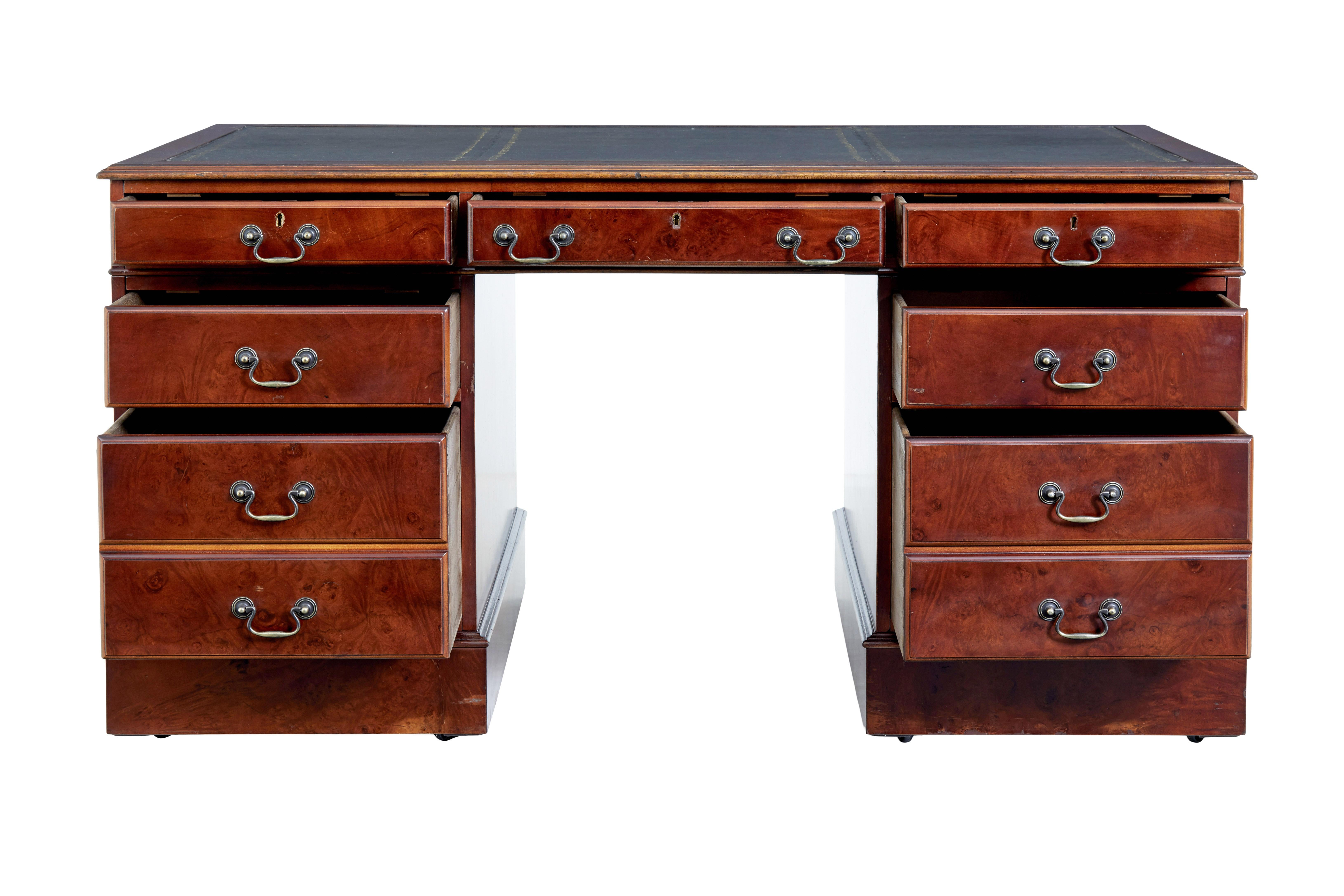 Victorian Mahogany and burr leather top pedestal desk For Sale