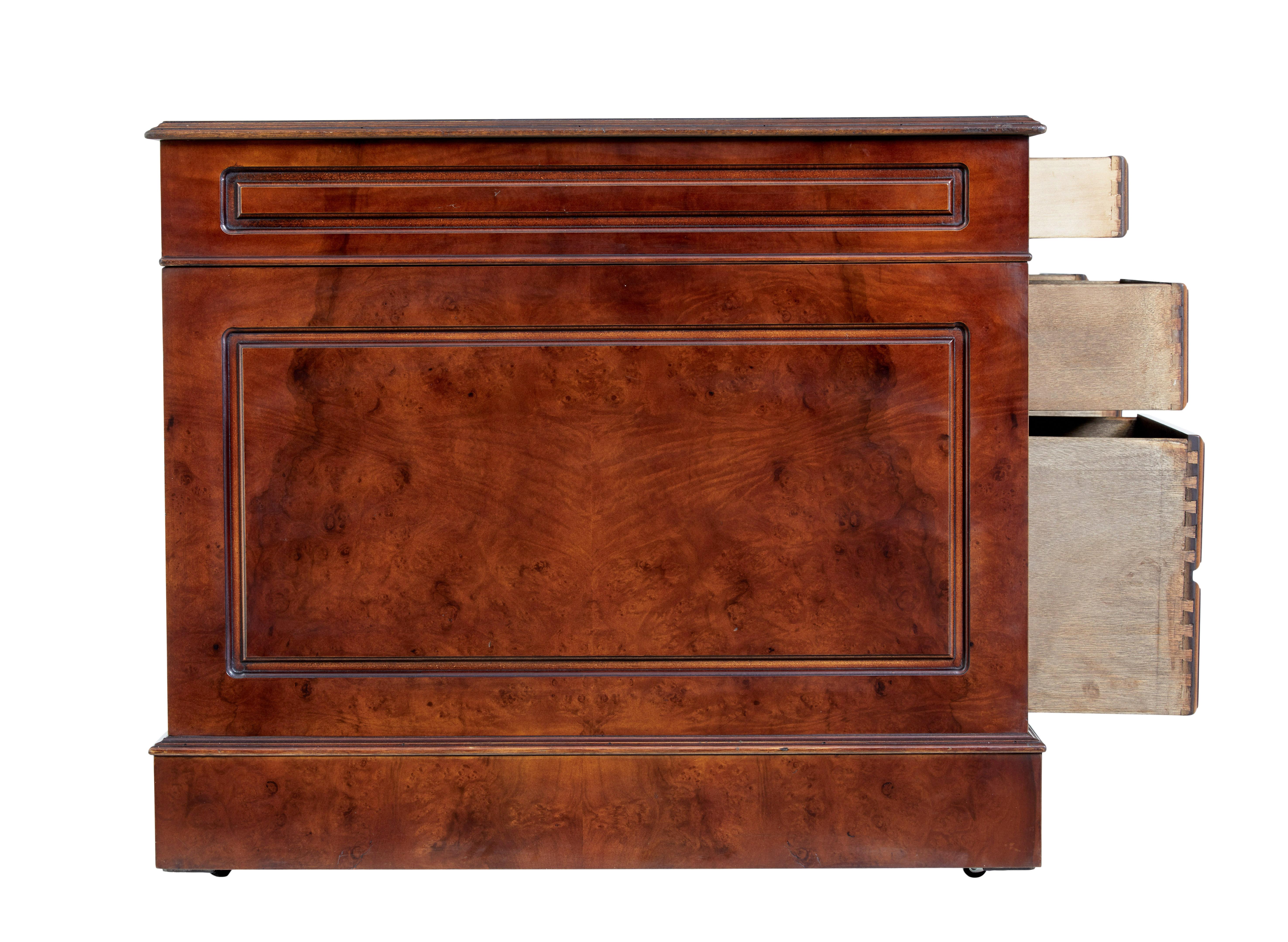 English Mahogany and burr leather top pedestal desk For Sale