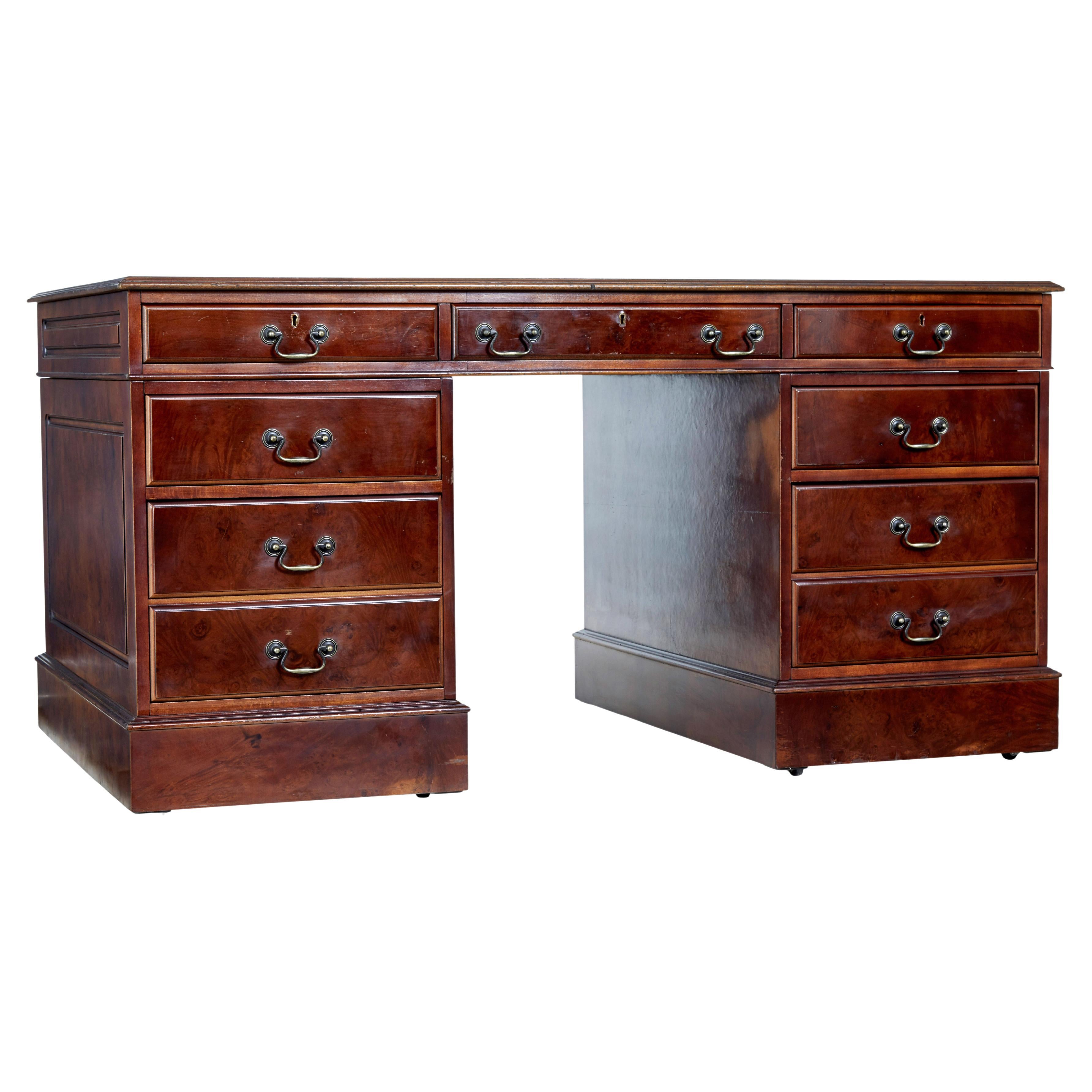 Mahogany and burr leather top pedestal desk For Sale