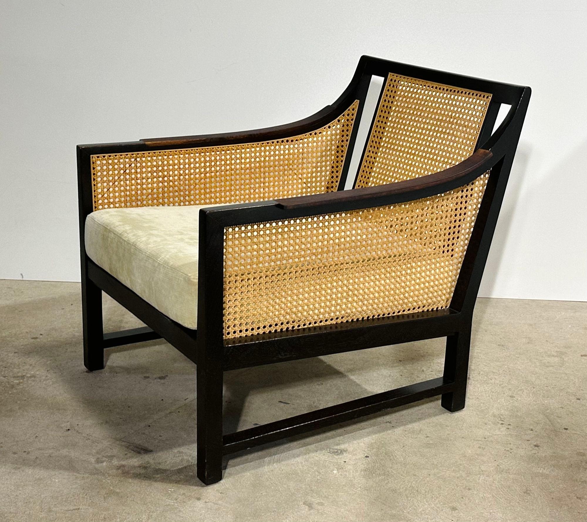 Upholstery Mahogany and Cane Lounge Chair by Edward Wormley for Dunbar, 1950 For Sale