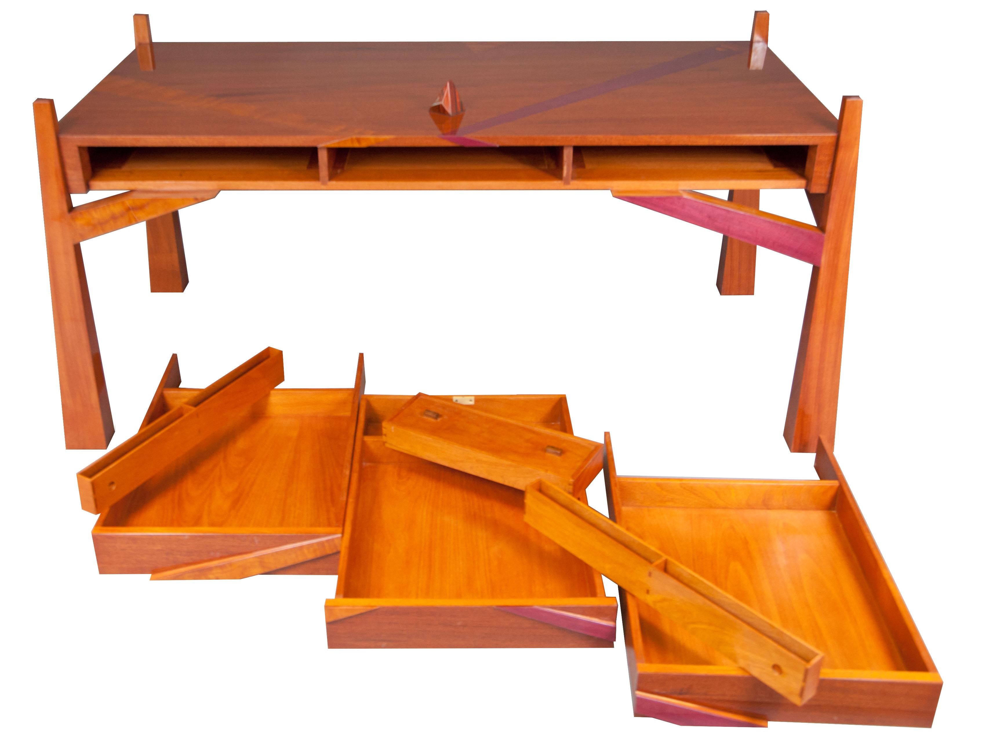 Inlay Colorful Modernists Art  Inspired Sculptural Mahogany Desk with Secret Drawers For Sale