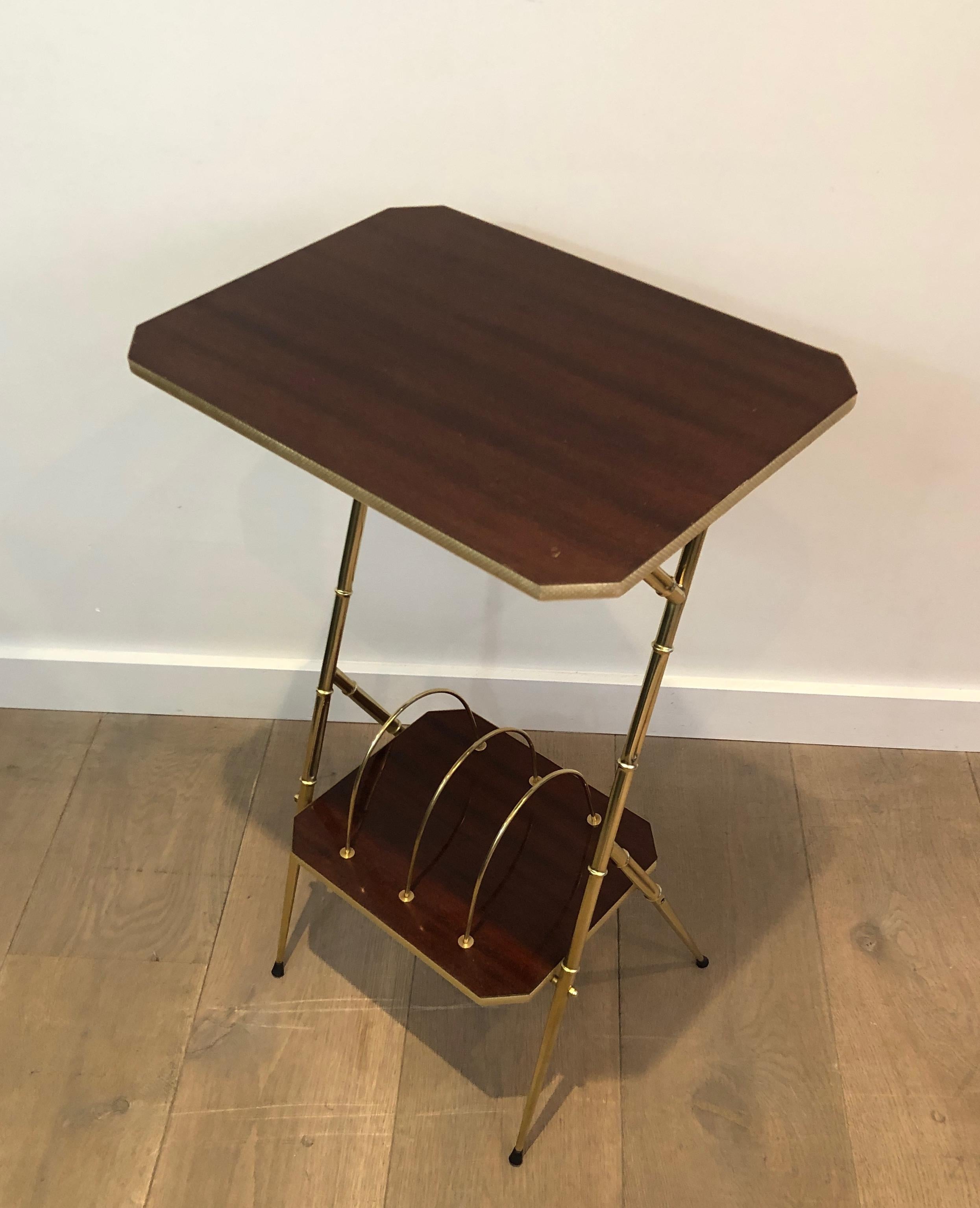 French Mahogany and Faux-Bamboo Gilt Metal Side Table with Magazine Rack For Sale