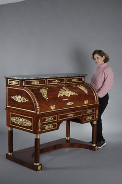 Mahogany and Gilded Bronze Cylinder Desk, Empire Style, 19th Century