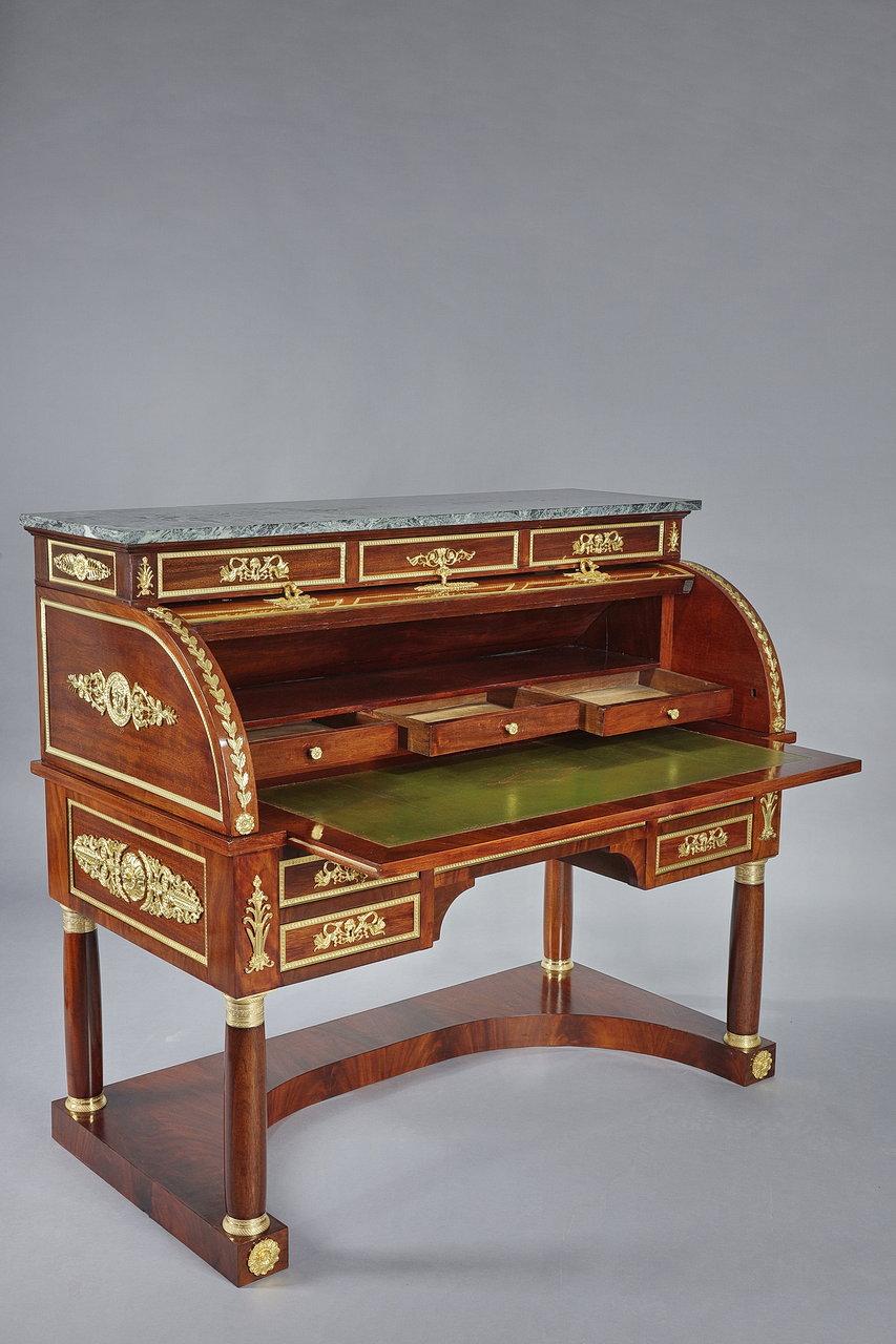 Napoleon III Mahogany and Gilded Bronze Cylinder Desk, Empire Style, 19th Century For Sale