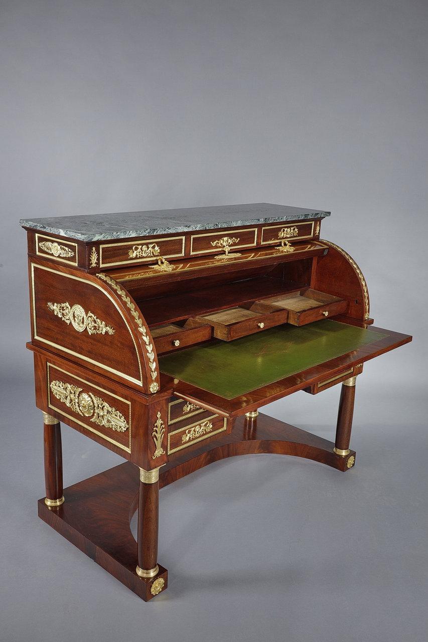 French Mahogany and Gilded Bronze Cylinder Desk, Empire Style, 19th Century For Sale