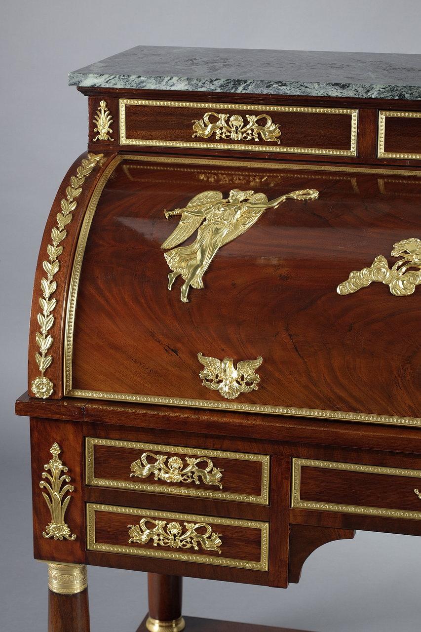 Carved Mahogany and Gilded Bronze Cylinder Desk, Empire Style, 19th Century For Sale