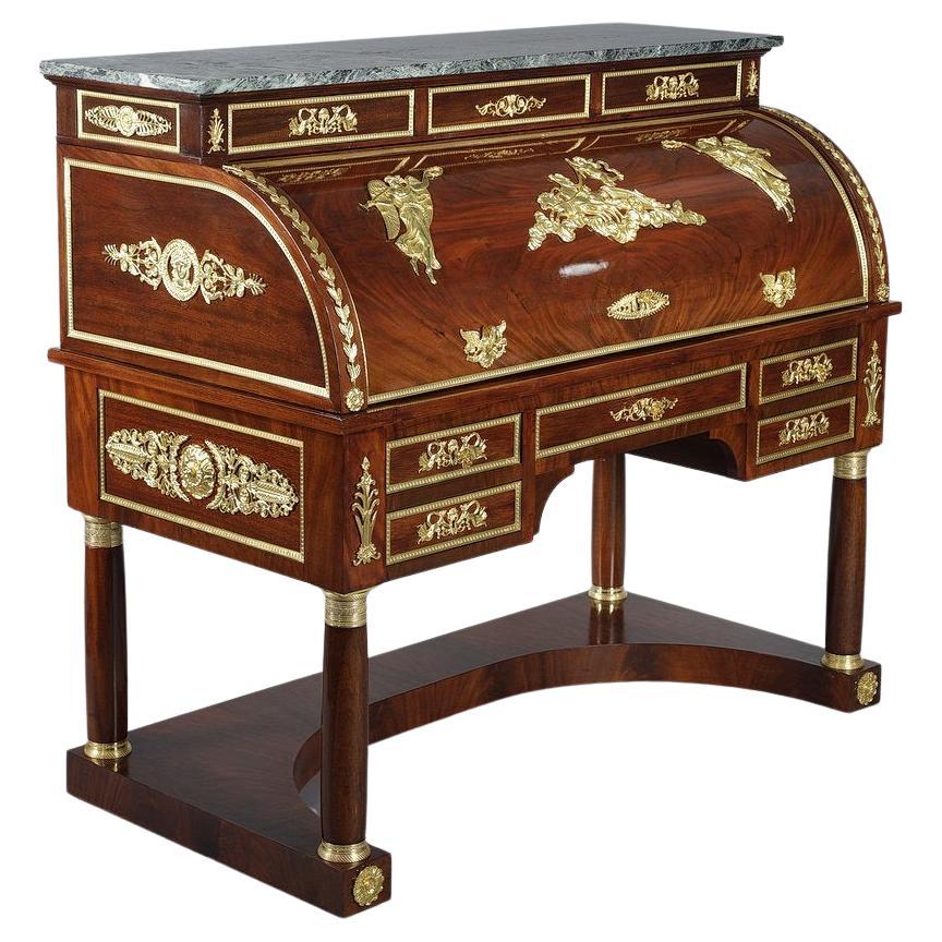 Mahogany and Gilded Bronze Cylinder Desk, Empire Style, 19th Century For Sale