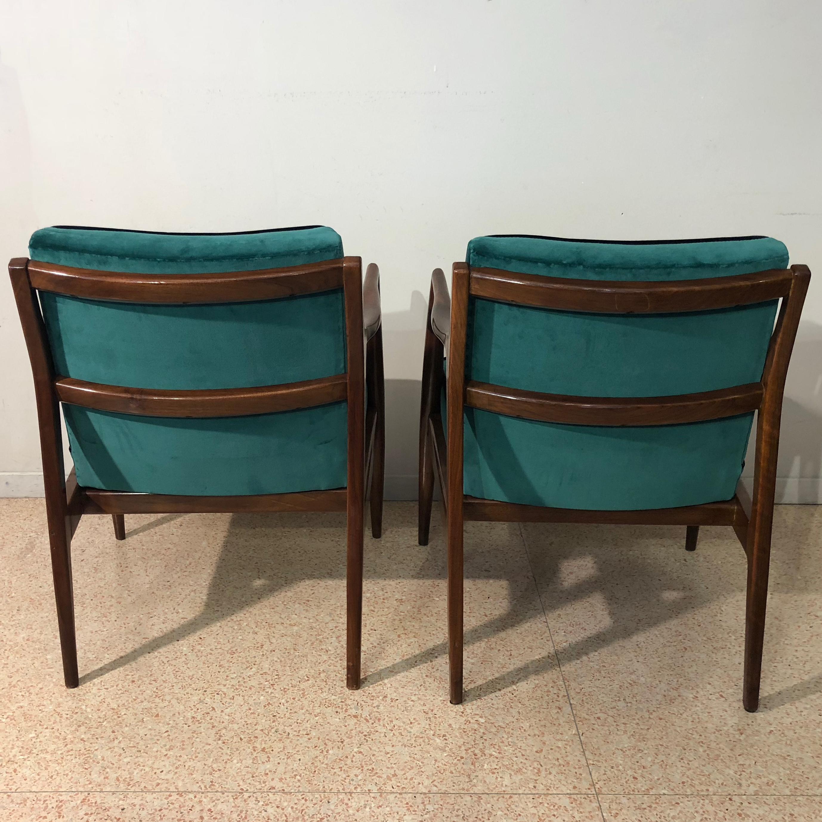 Mahogany and Green Velvet Armchairs, Design 1960, France 6
