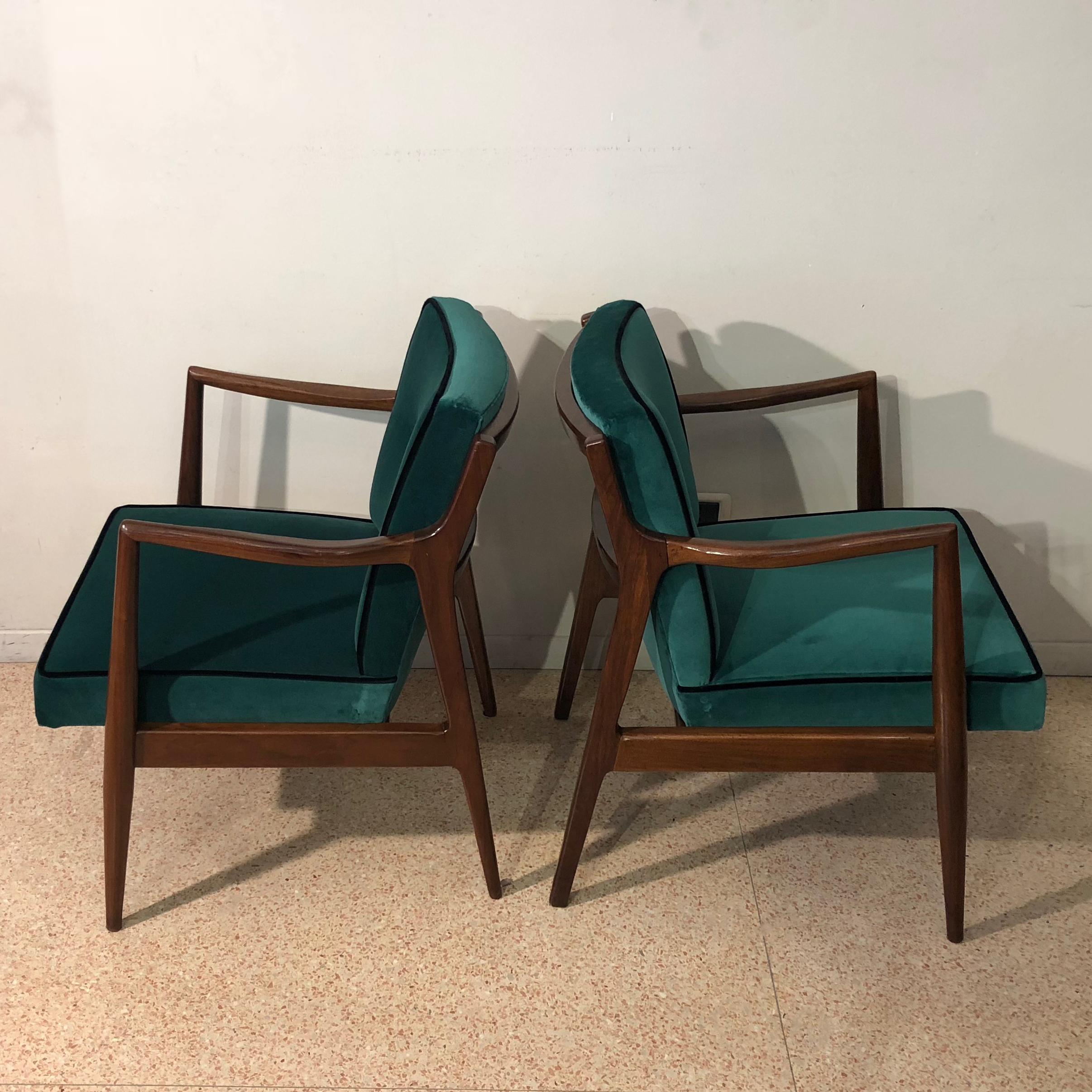 Mahogany and Green Velvet Armchairs, Design 1960, France 10
