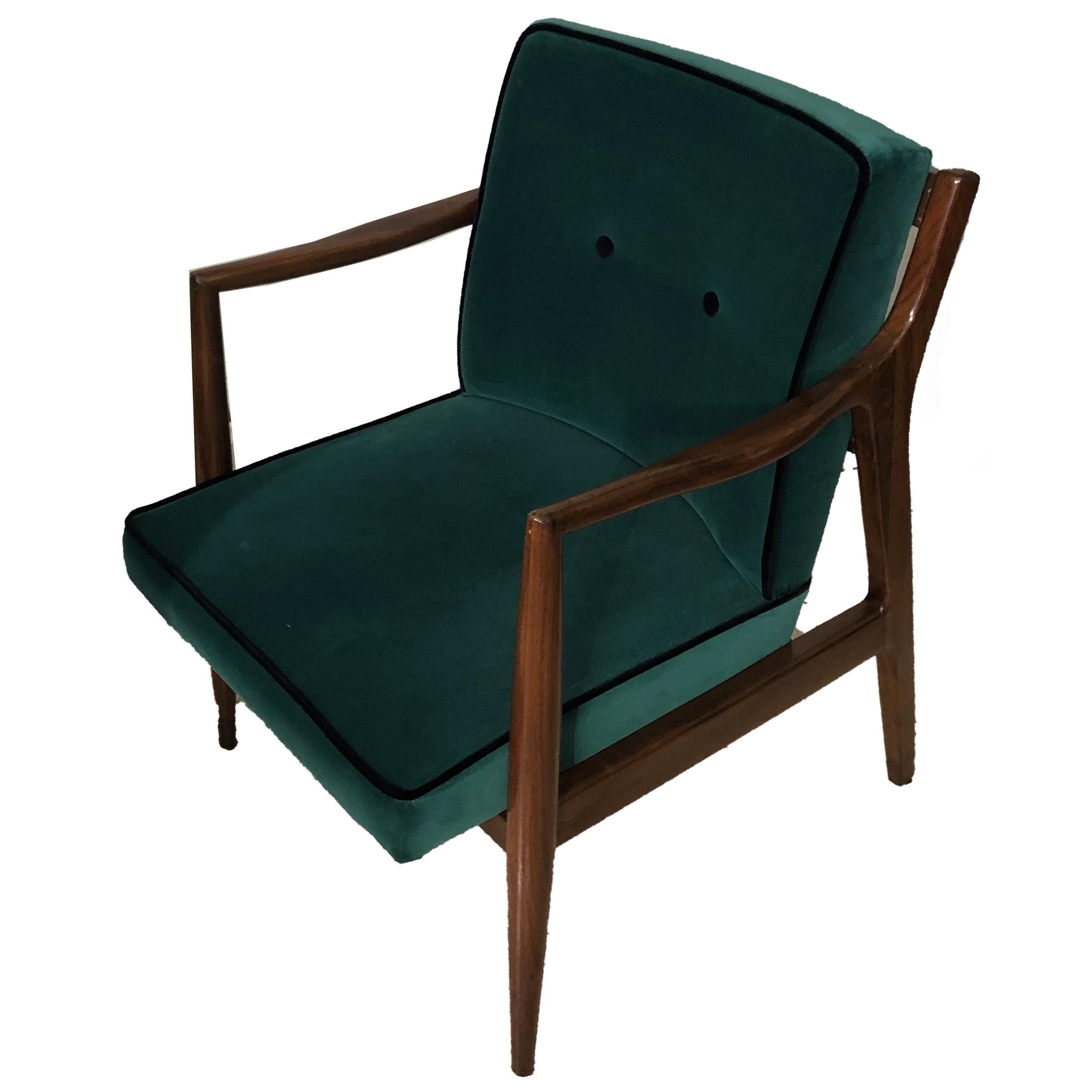 Green velvet mahogany armchairs from France from 1960s period. They have been restored in conservative way with wax finishing and reupholstered with new high quality green velvet and black details and buttons.

Size:

Width and length  60 cm,