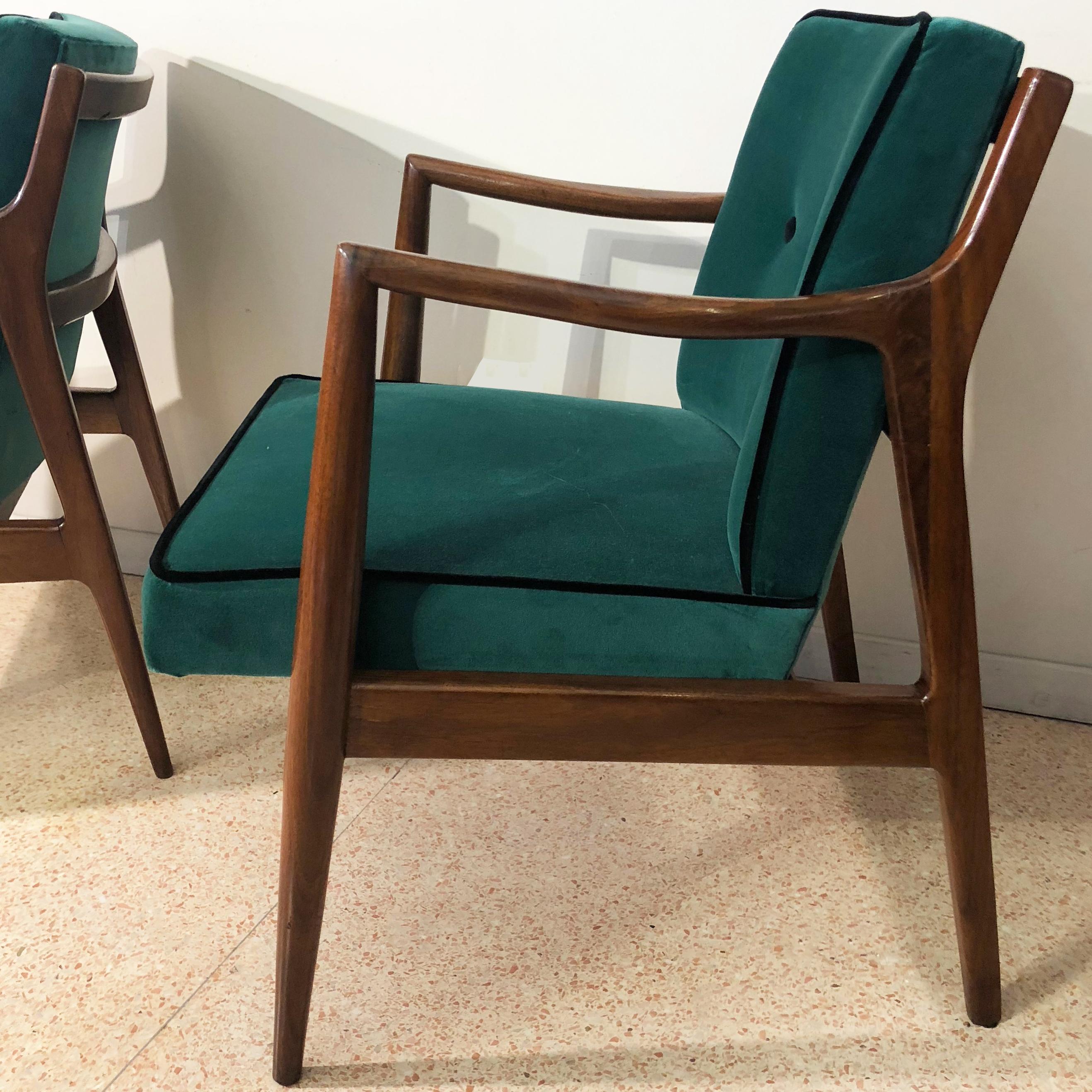 Mid-20th Century Mahogany and Green Velvet Armchairs, Design 1960, France