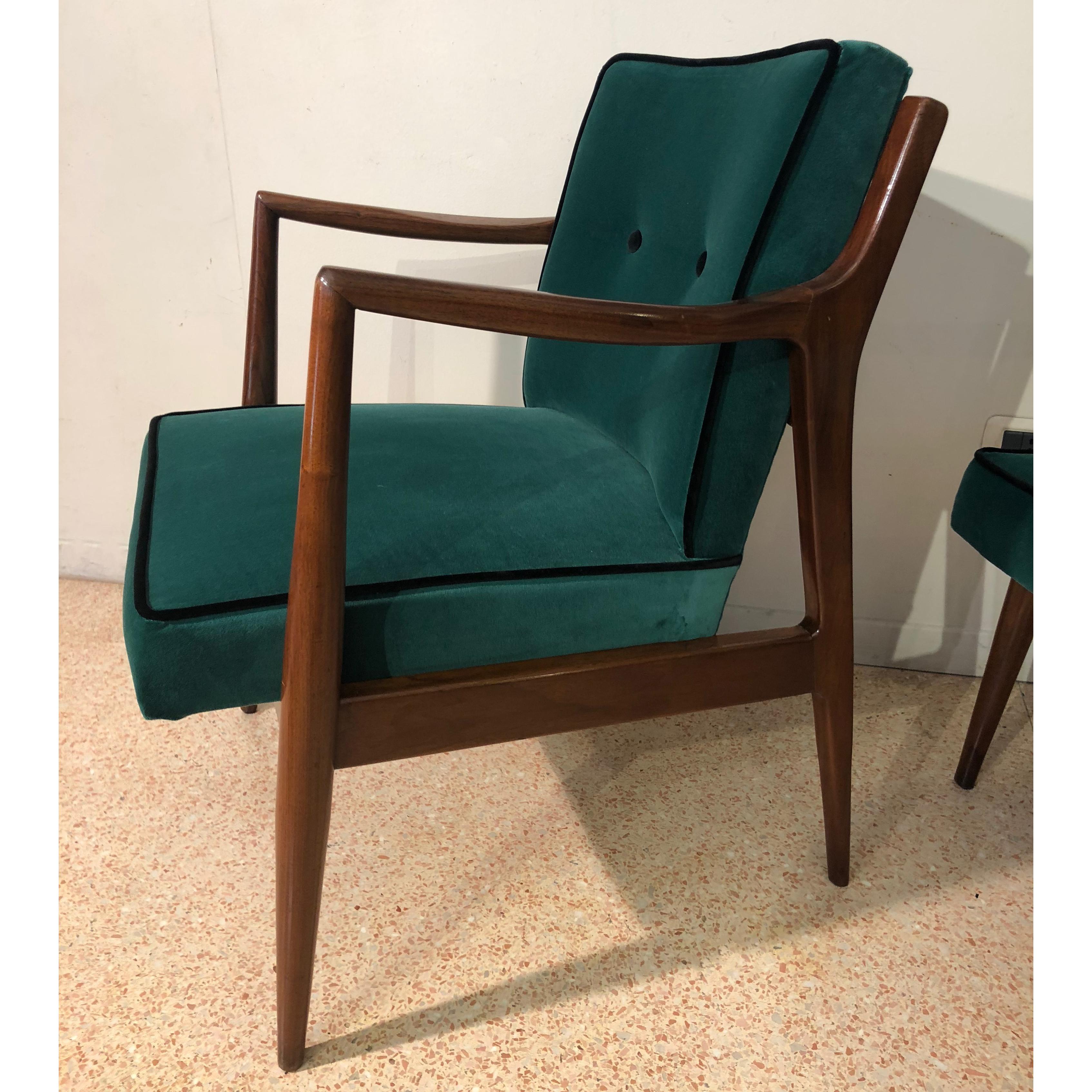 Mahogany and Green Velvet Armchairs, Design 1960, France 1