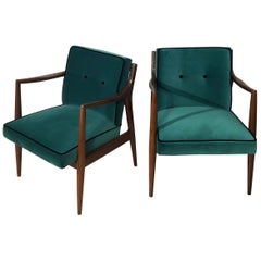 Mahogany and Green Velvet Armchairs, Design 1960, France