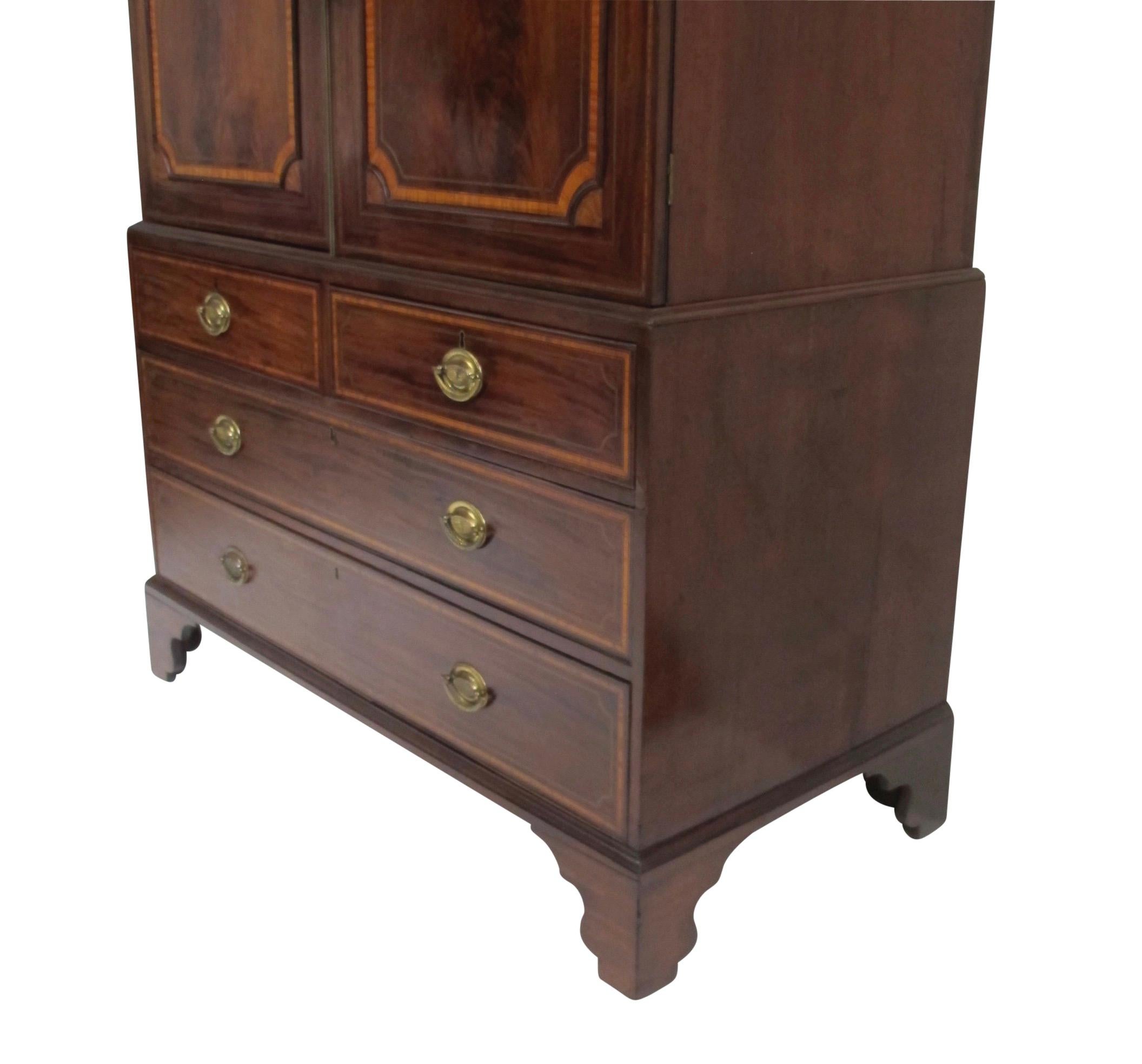 Mahogany and Inlaid Satinwood Linen Press Cabinet, English, Mid-19th Century In Good Condition In San Francisco, CA