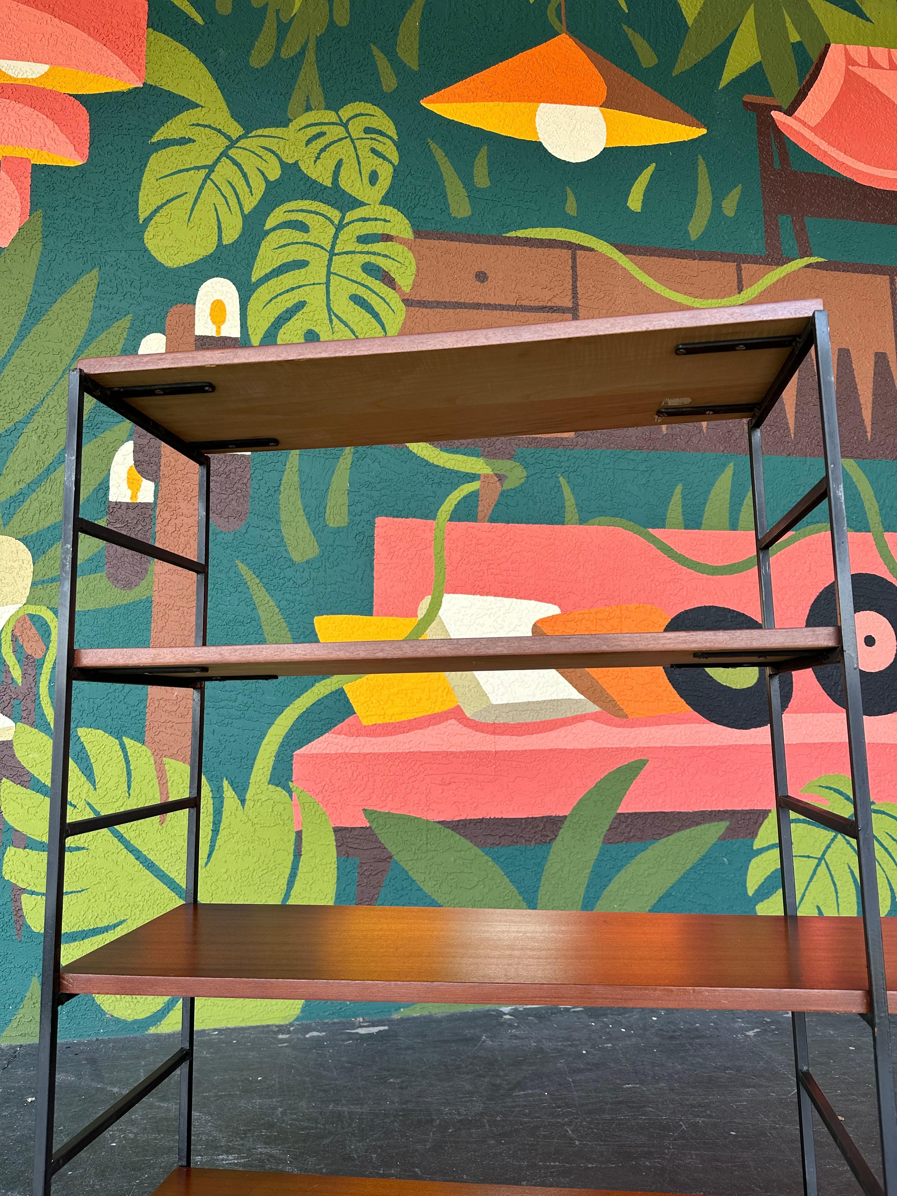 Mahogany and Iron Mid Century Bookcase Shelving Unit For Sale 4