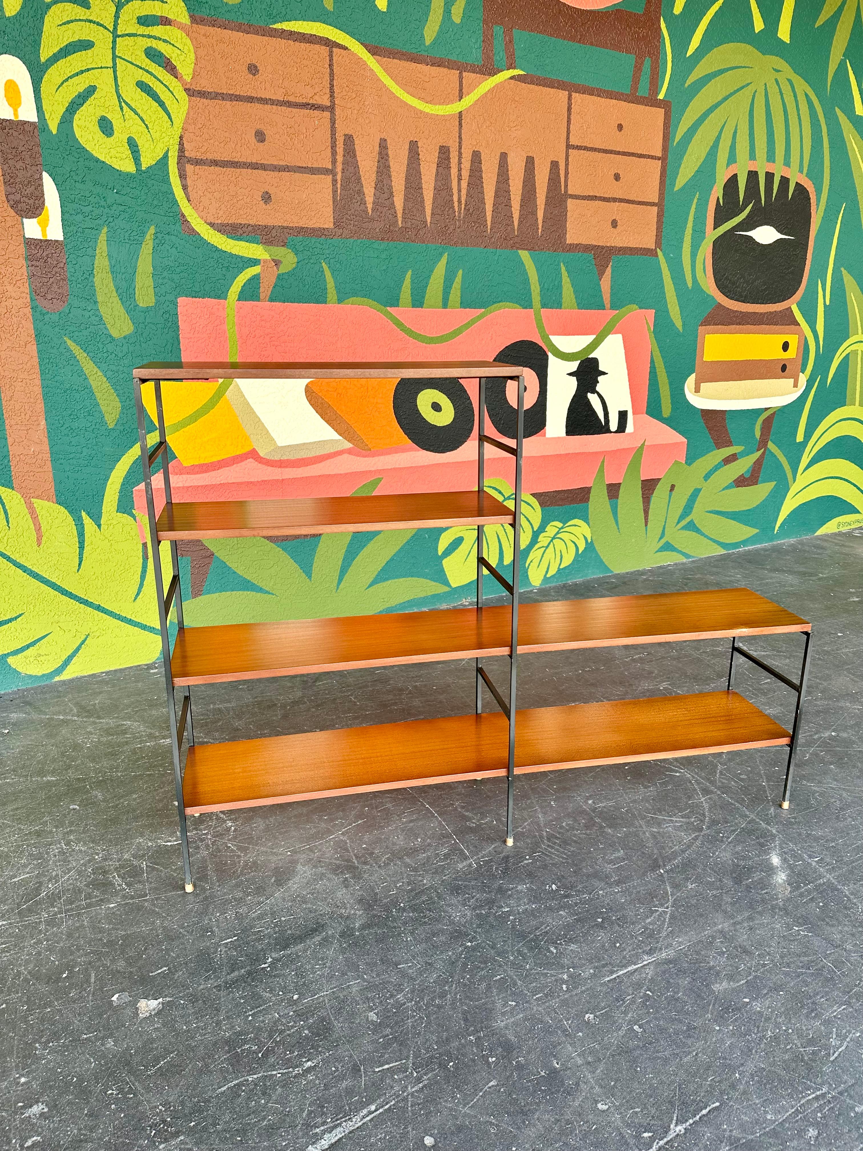 Mid-Century Modern Mahogany and Iron Mid Century Bookcase Shelving Unit For Sale