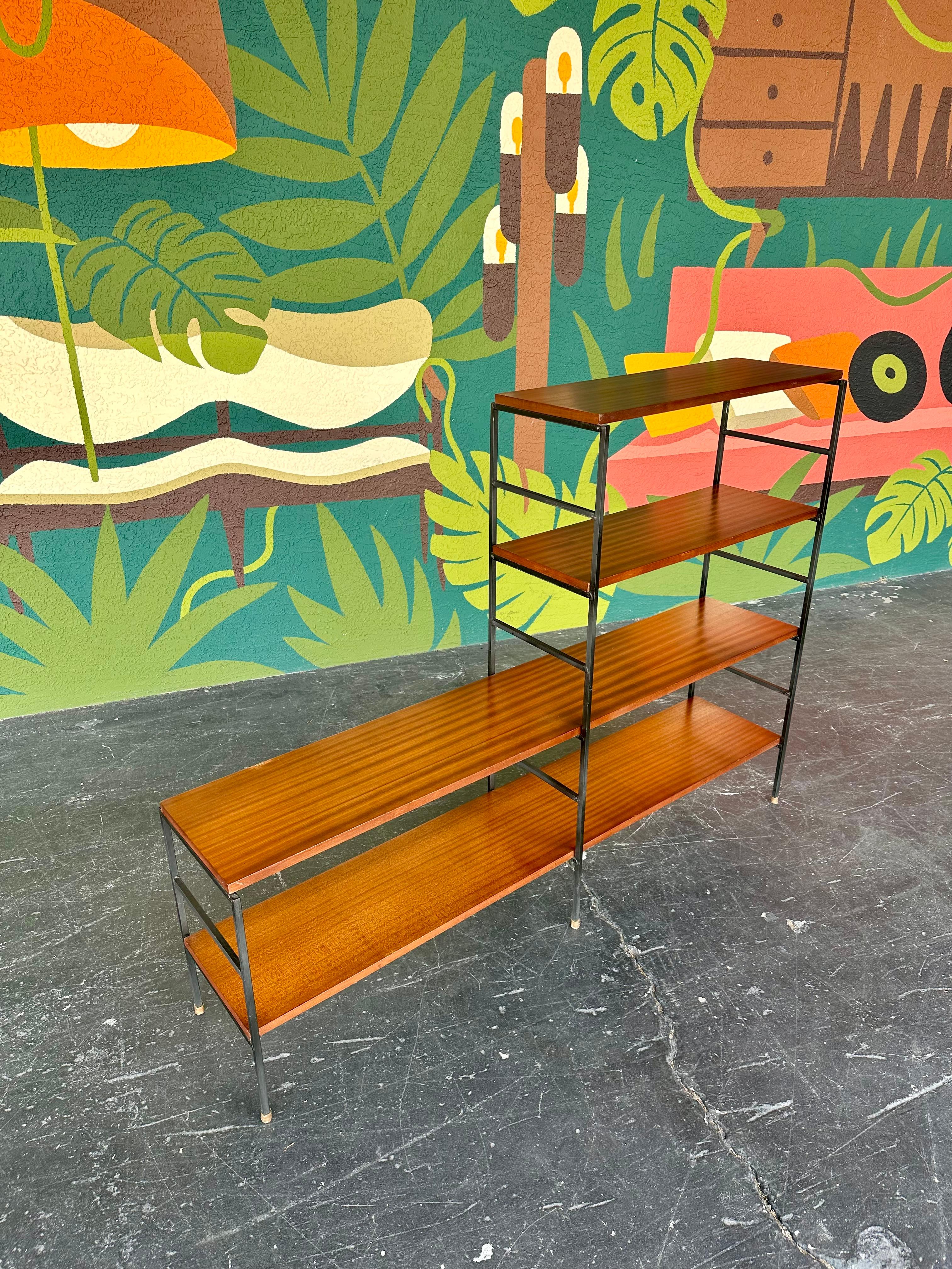 Mahogany and Iron Mid Century Bookcase Shelving Unit In Good Condition For Sale In Lutz, FL